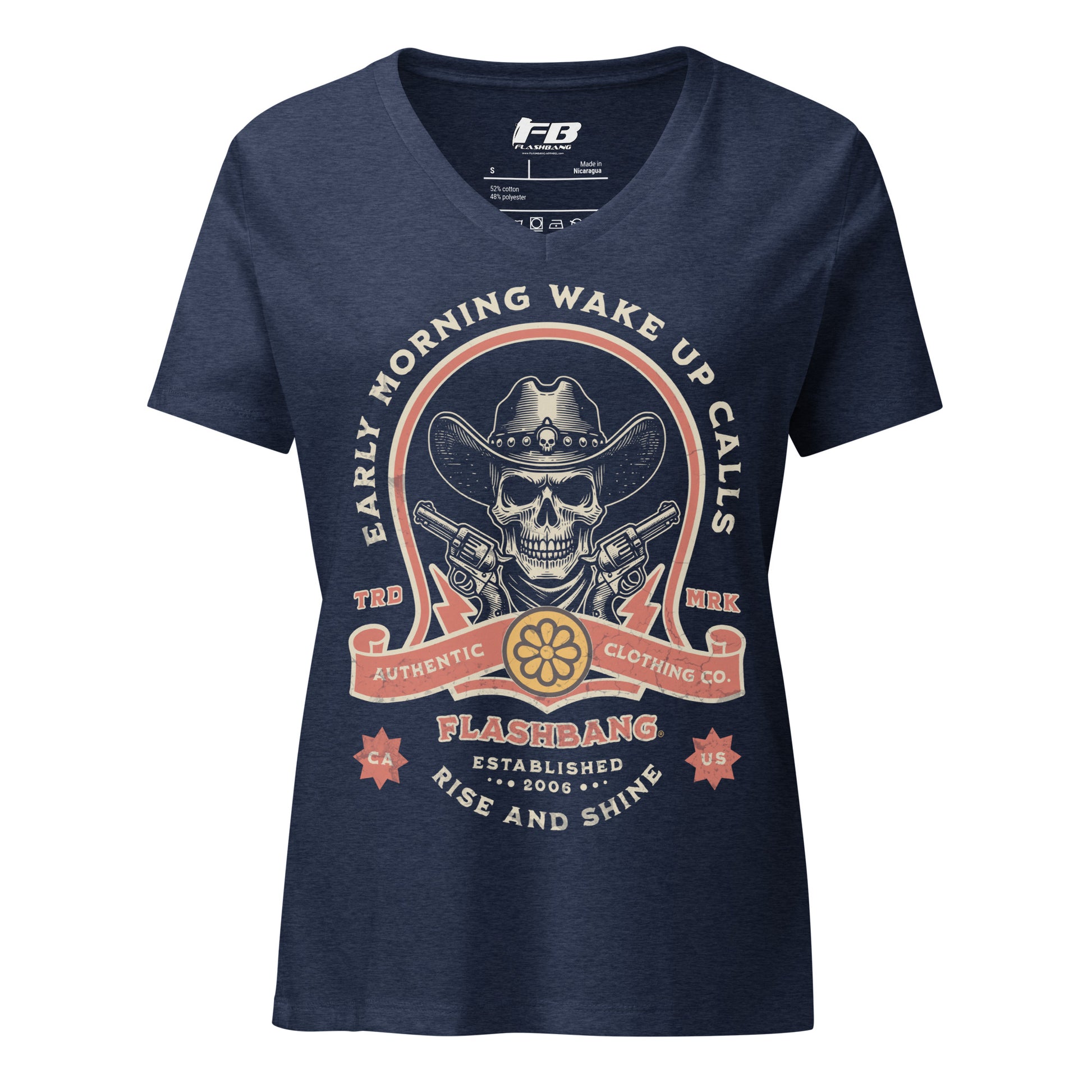 Navy blue t-shirt with a graphic design featuring a skull wearing a cowboy hat and holding guns, with text around it on a white background.