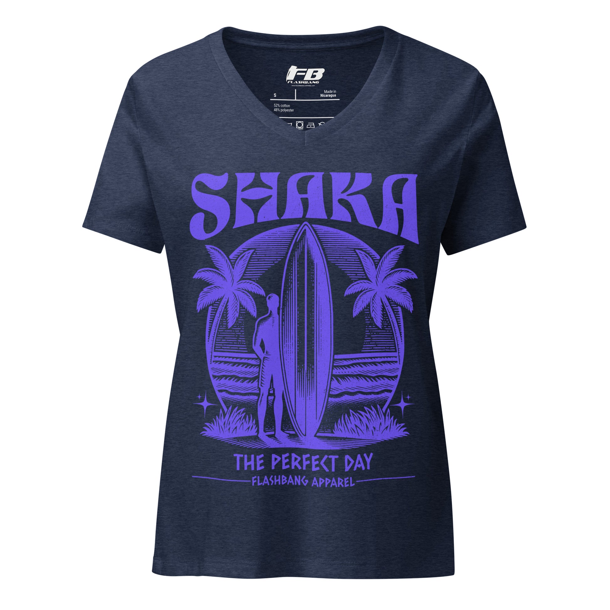 Navy blue t-shirt with purple graphic design featuring a surfer and palm trees on a white background.
