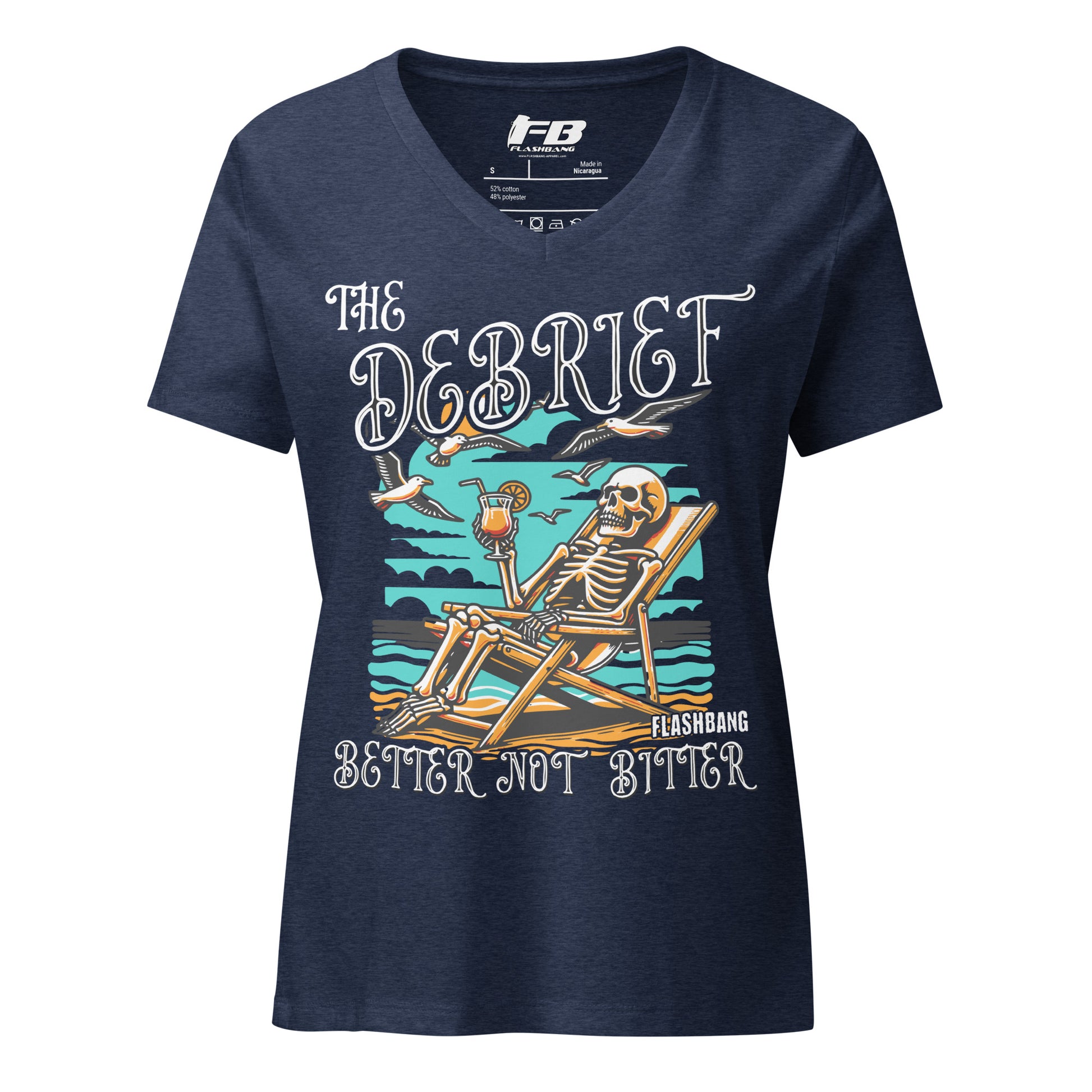 Navy blue t-shirt with skeleton design and text on a white background