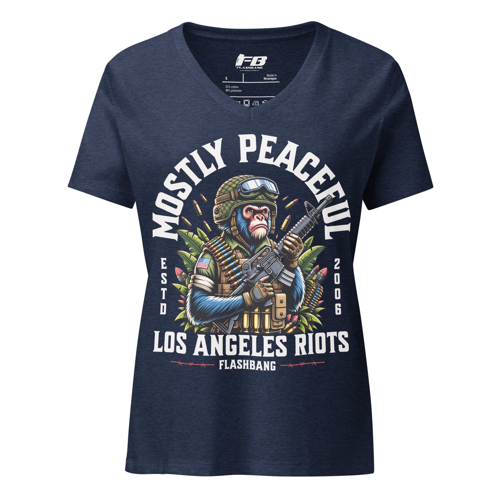 Navy blue t-shirt with graphic design and text on a white background
