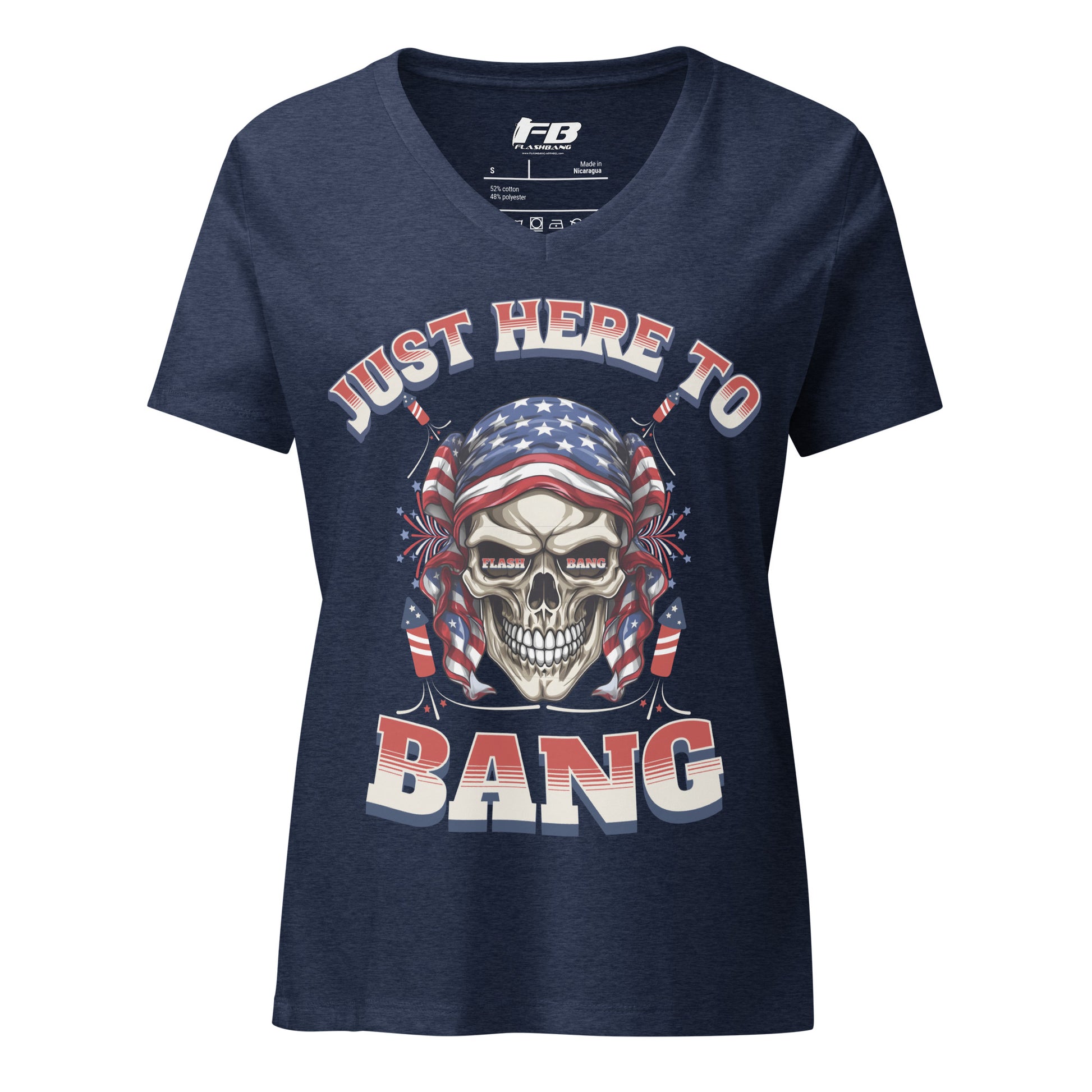 Navy blue t-shirt with a skull graphic and 'Just Here to Bang' text on a white background