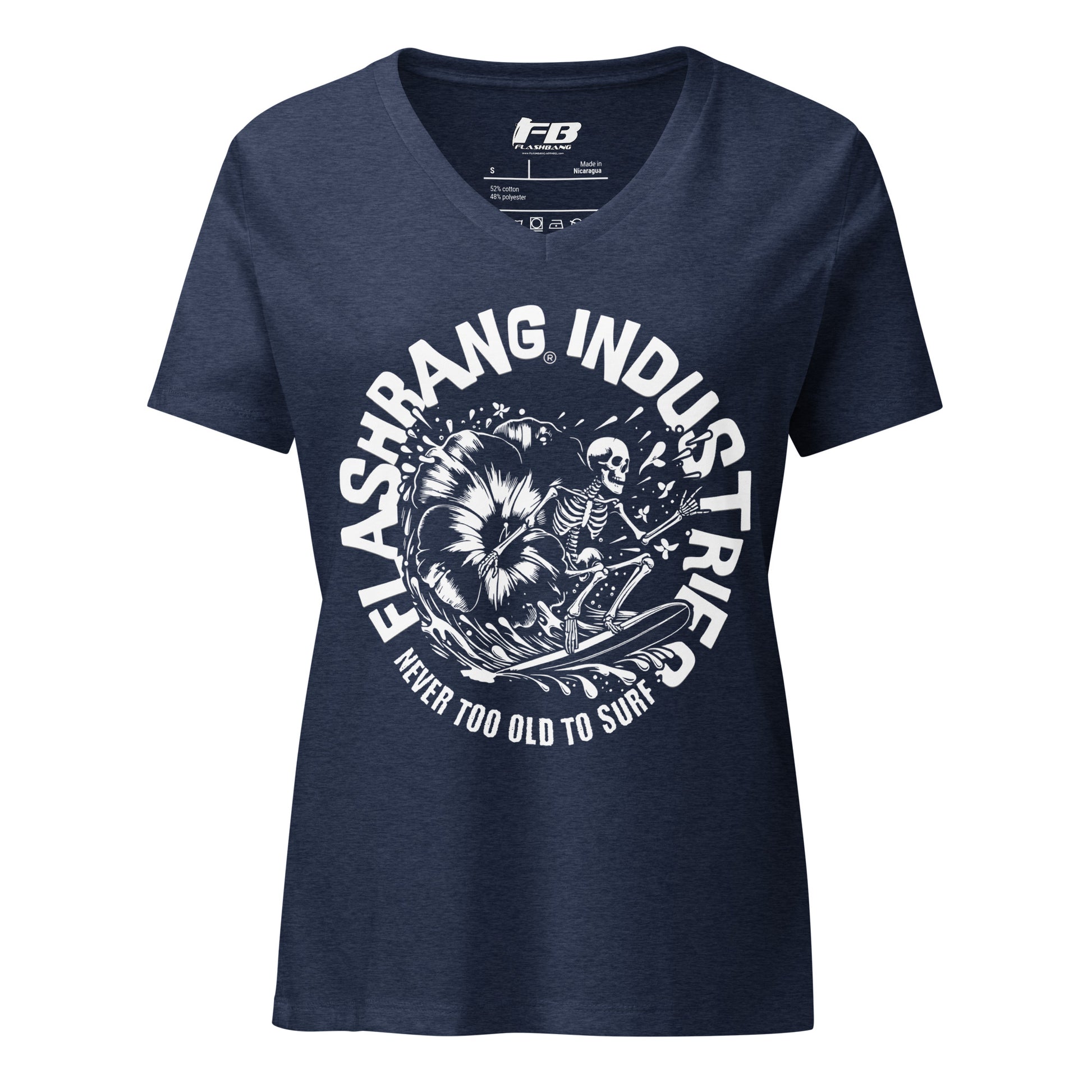 Navy blue t-shirt with white graphic and text on a white background