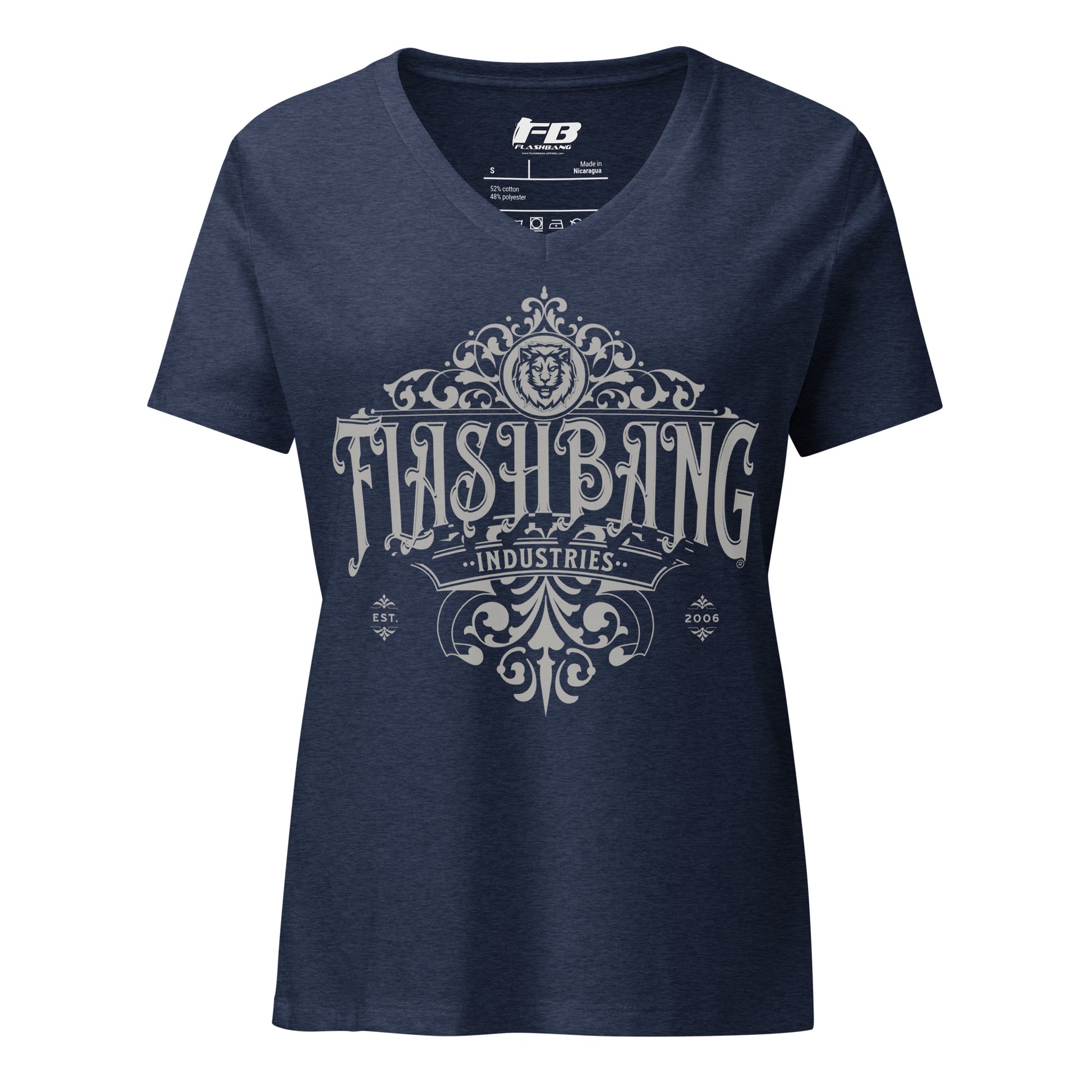 Navy blue t-shirt with 'Flashbang Industries' logo on a white background