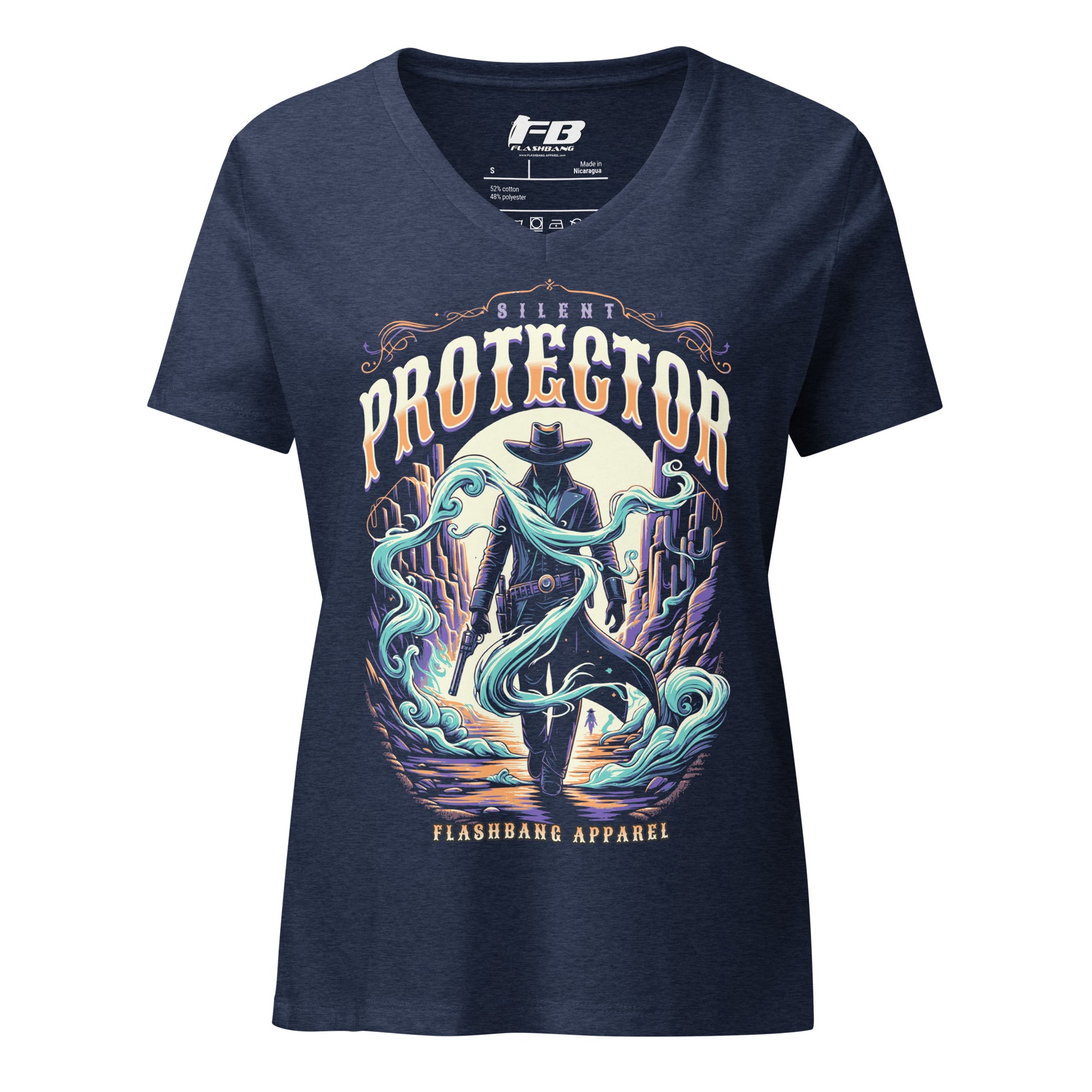Navy blue t-shirt with 'Silent Protector' graphic design on a white background