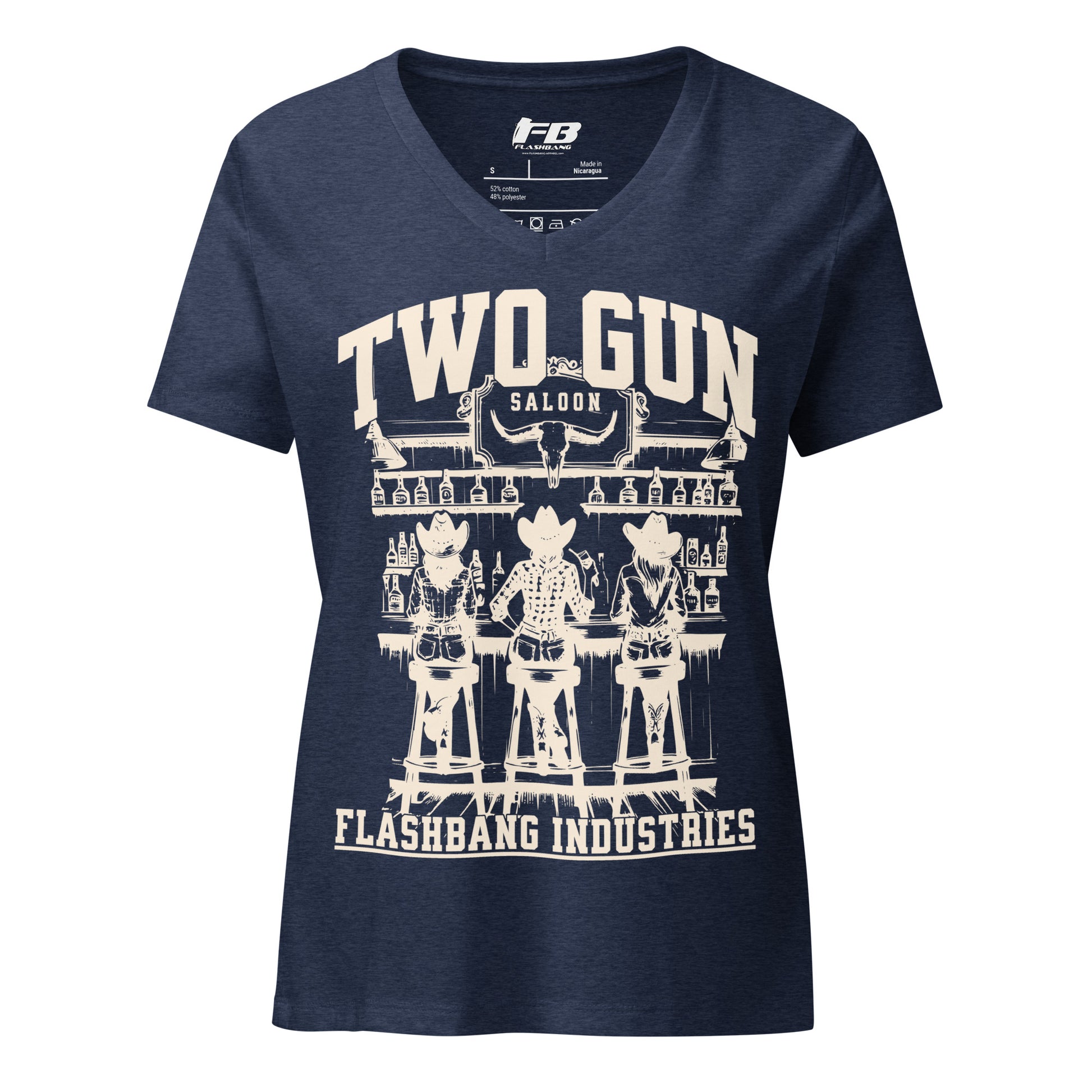 Navy blue t-shirt with white graphic design and text on a white background