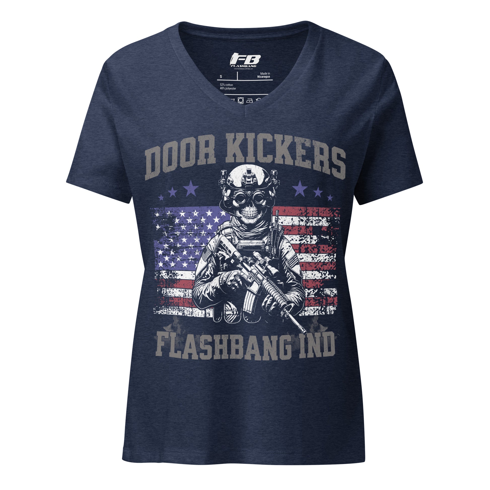 Navy blue t-shirt with graphic design and text on a white background
