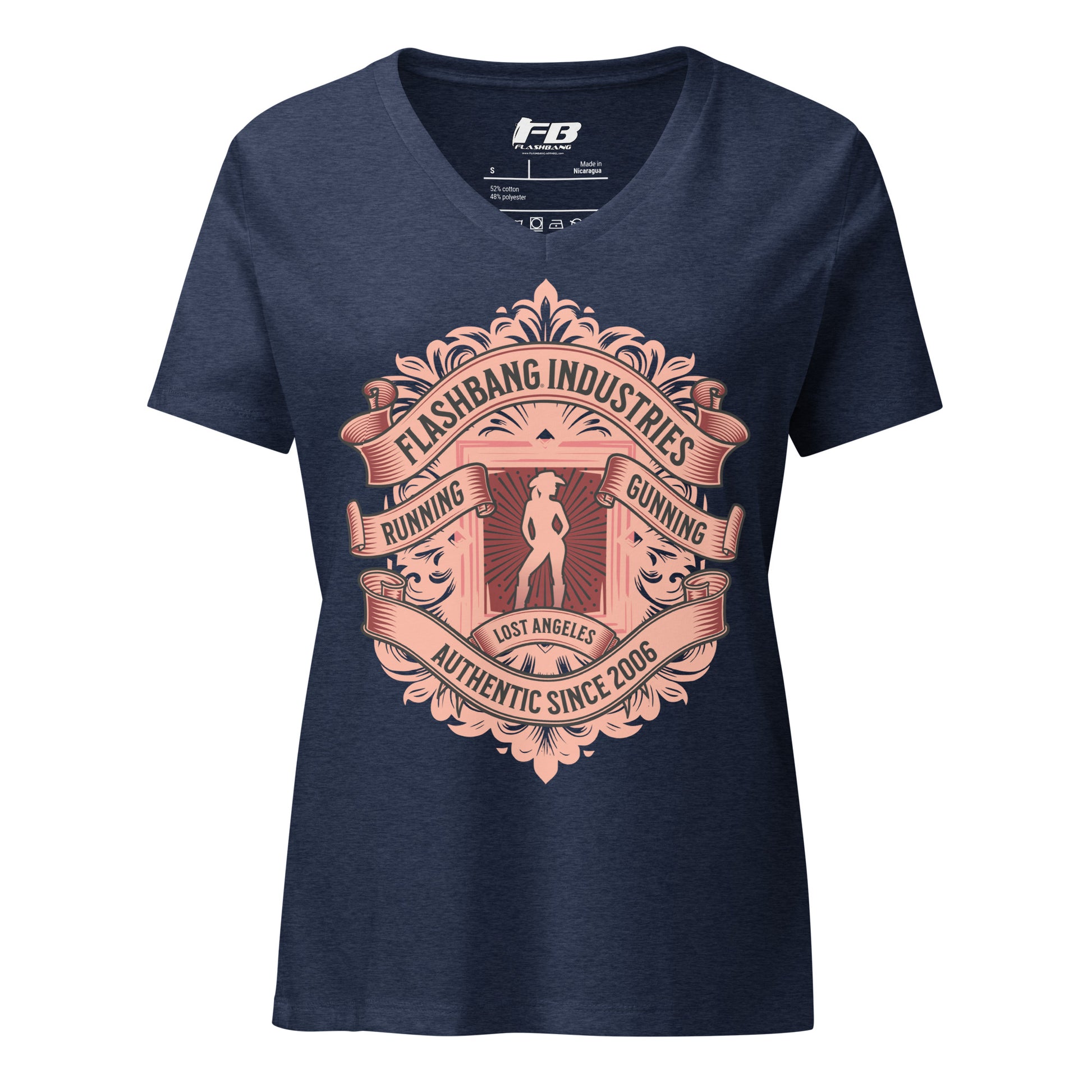 Navy blue t-shirt with 'Flashbang Industries' graphic design on a white background