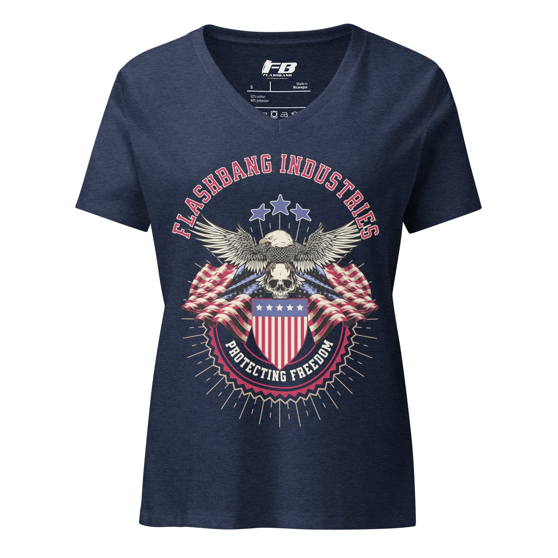 Navy blue t-shirt with 'Flashbang Industries' graphic design featuring an eagle and shield on a white background.
