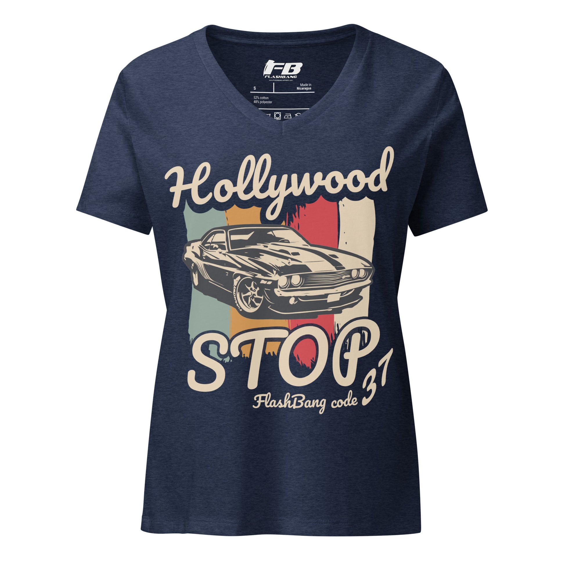 Navy blue t-shirt with vintage car graphic and text on a white background