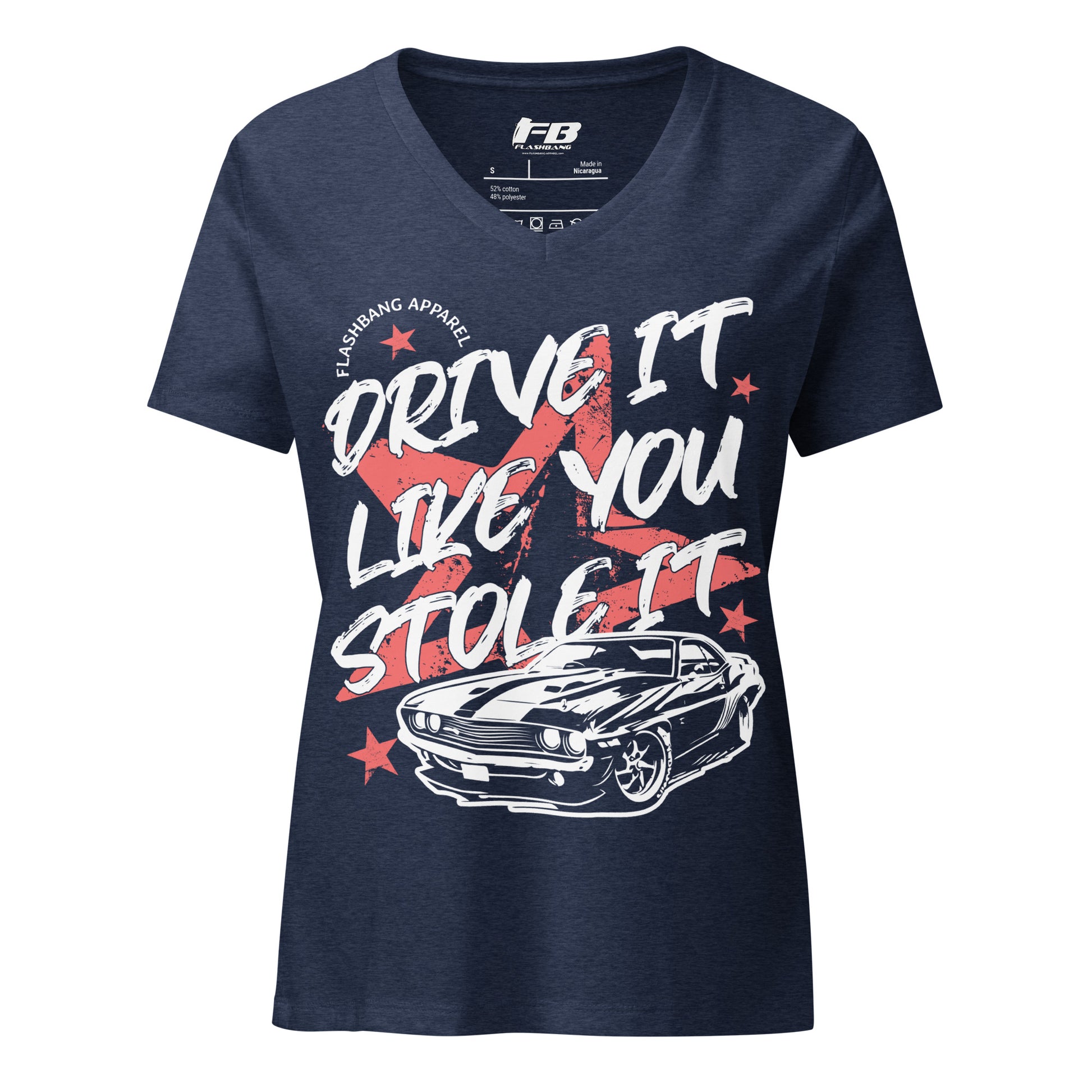 Navy blue t-shirt with graphic design and text on a white background