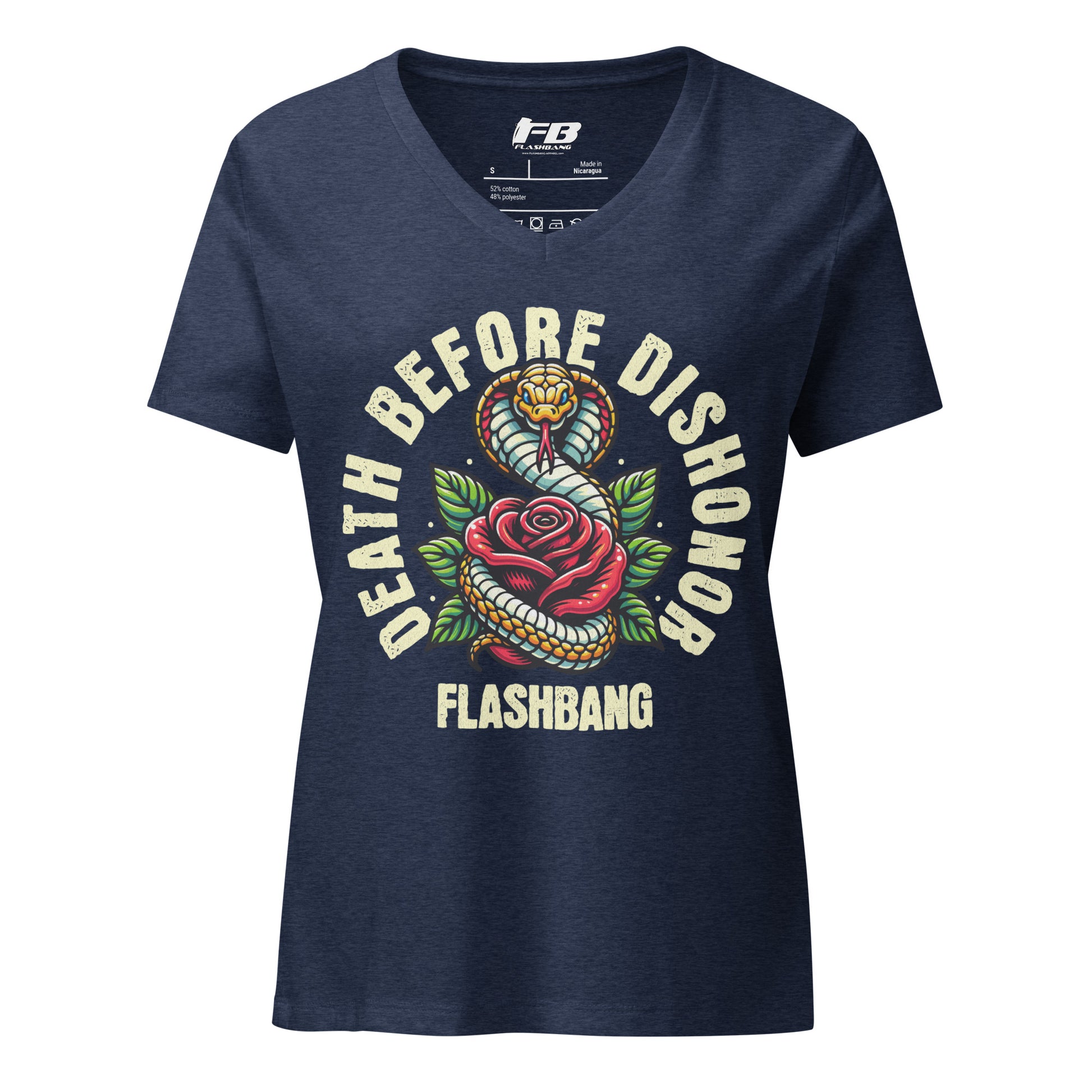 Navy blue t-shirt with 'Death Before Dishonor Flashbang' graphic design on a white background