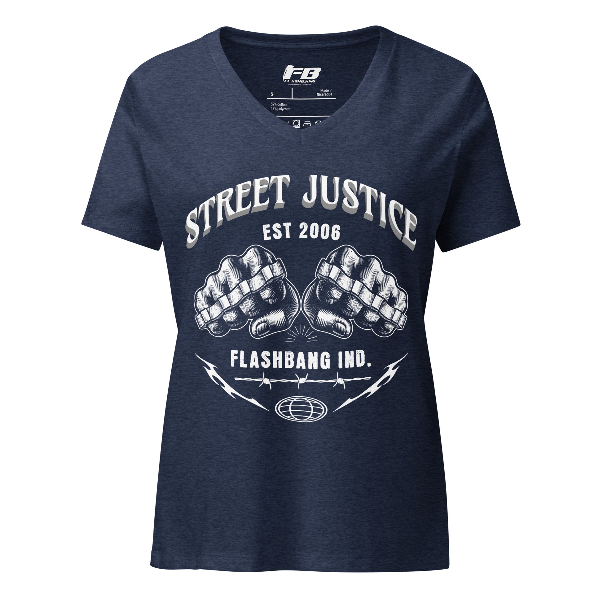 Navy blue t-shirt with 'Street Justice' graphic design on a white background