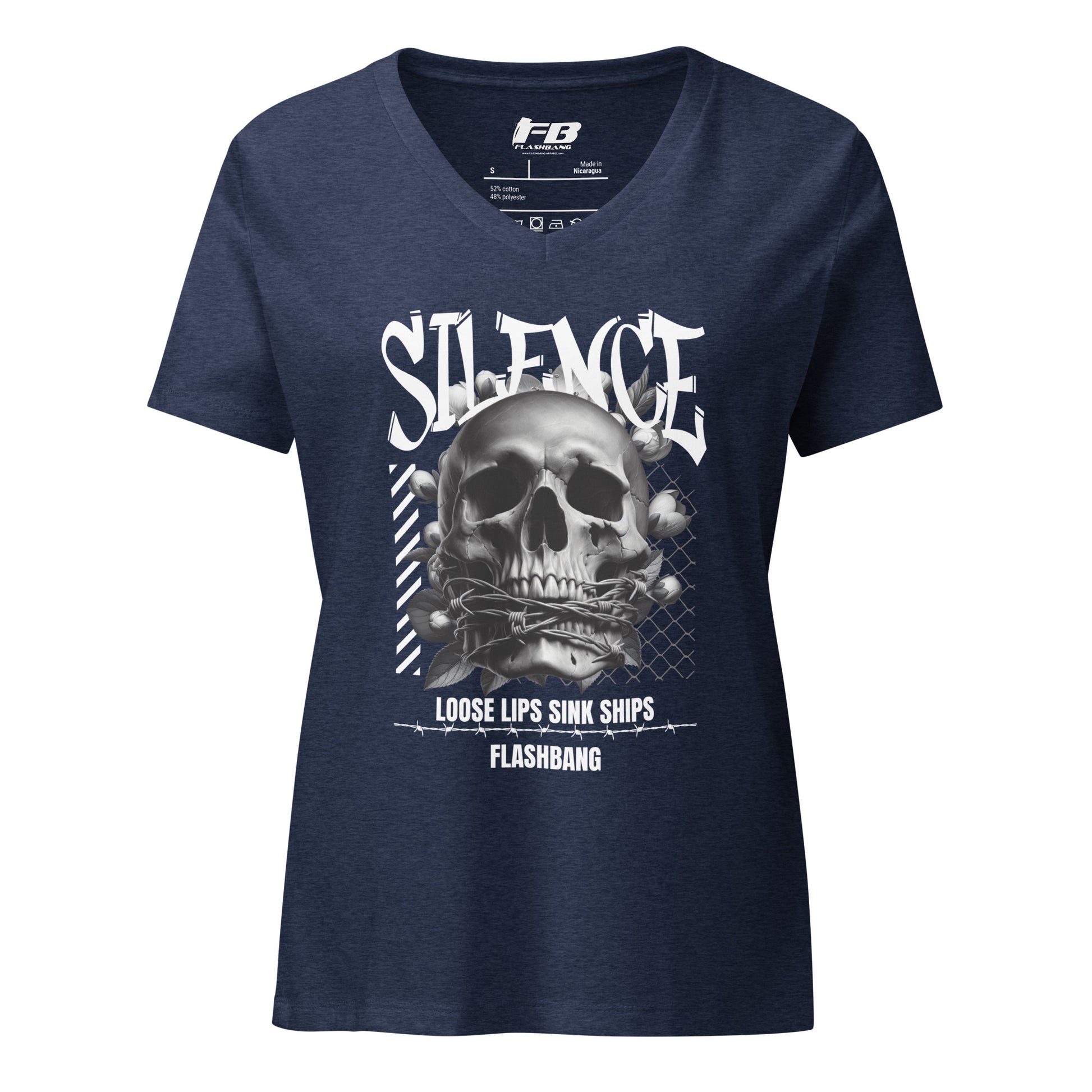 Navy blue t-shirt with skull graphic and text on a white background