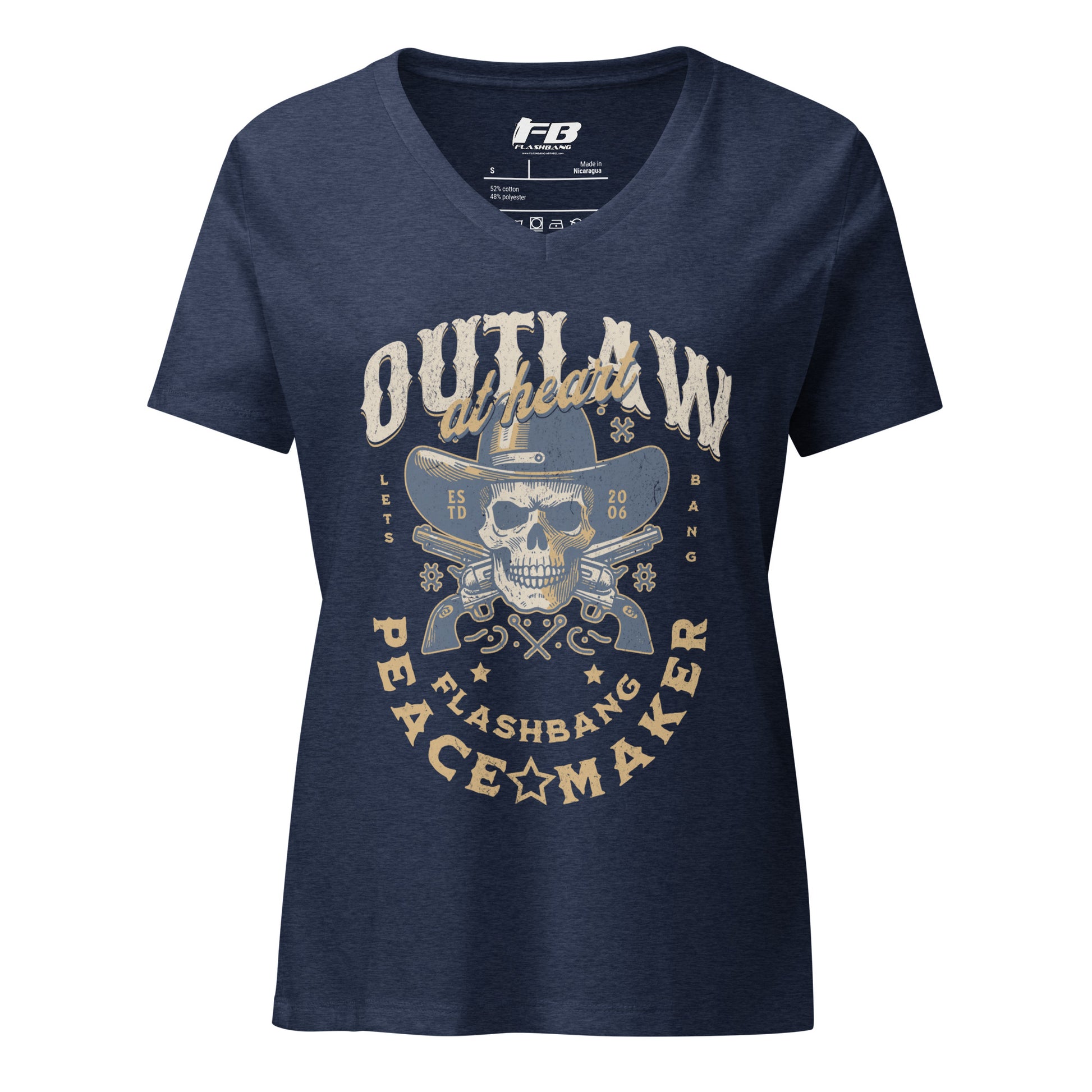 Navy blue t-shirt with skull graphic and text on a white background