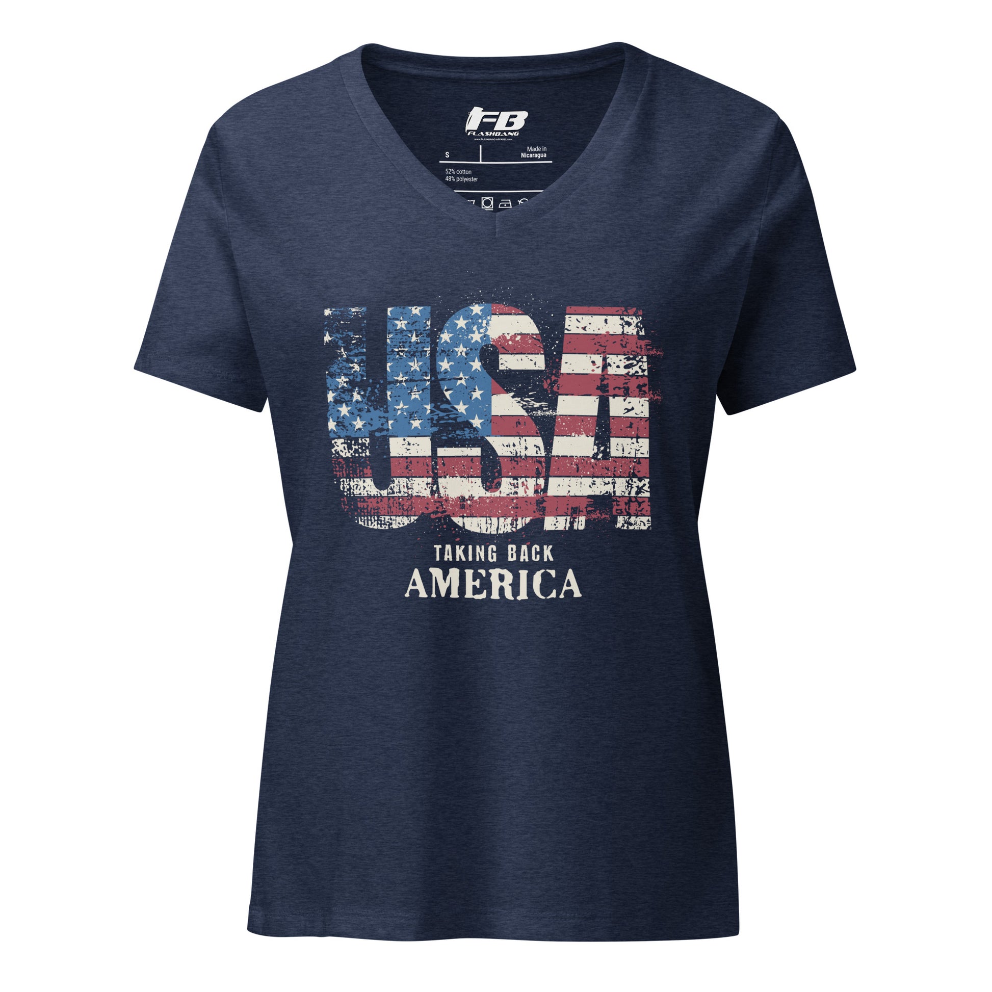 Navy blue t-shirt with USA graphic and text 'Taking Back America' on a white background