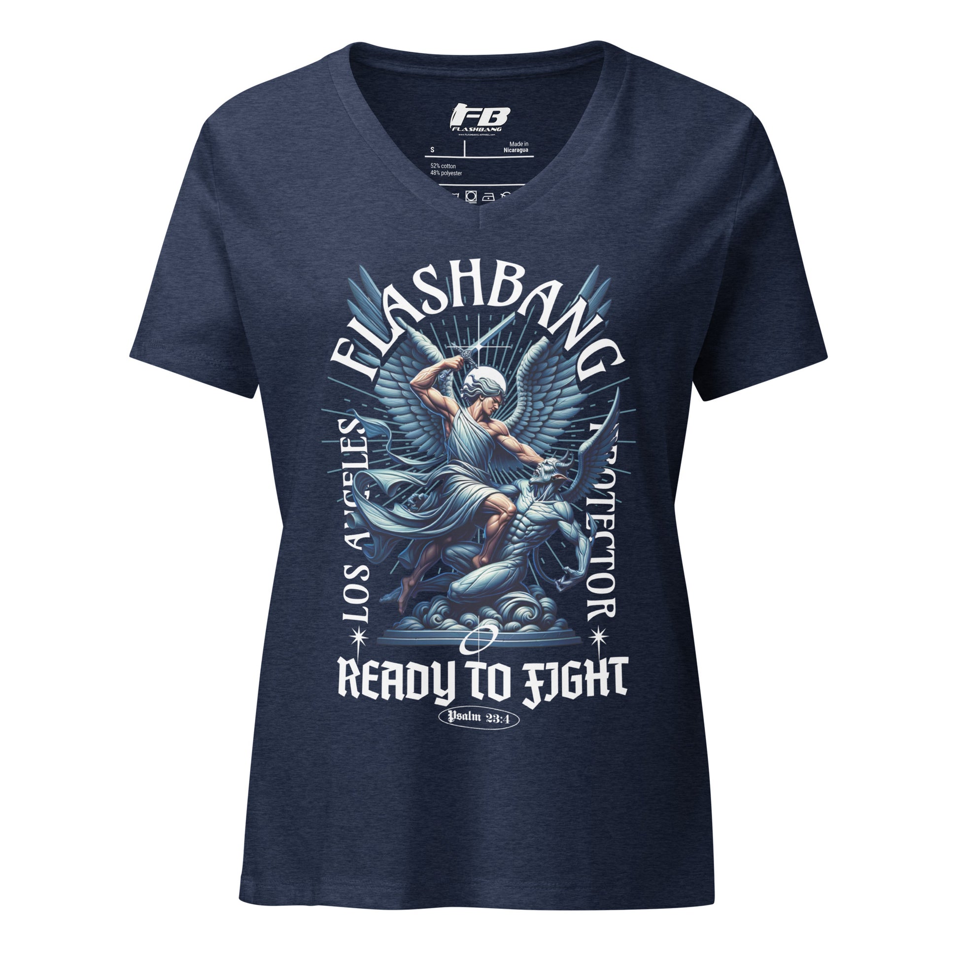 Navy blue t-shirt with graphic design and text on a white background