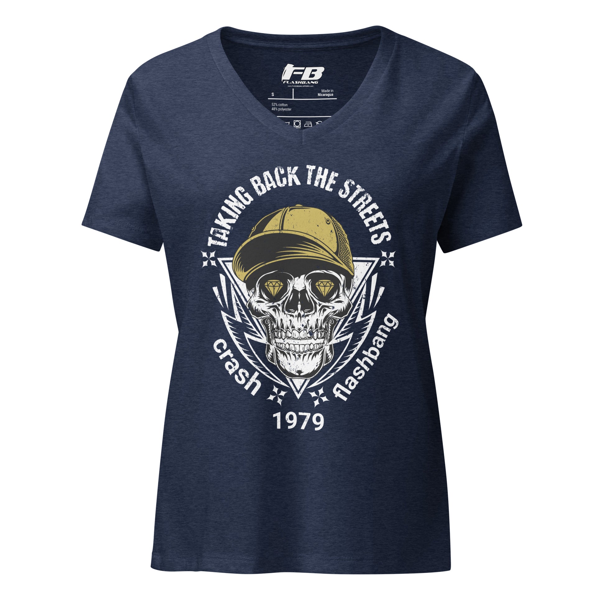 Navy blue t-shirt with skull and cap graphic design on a white background