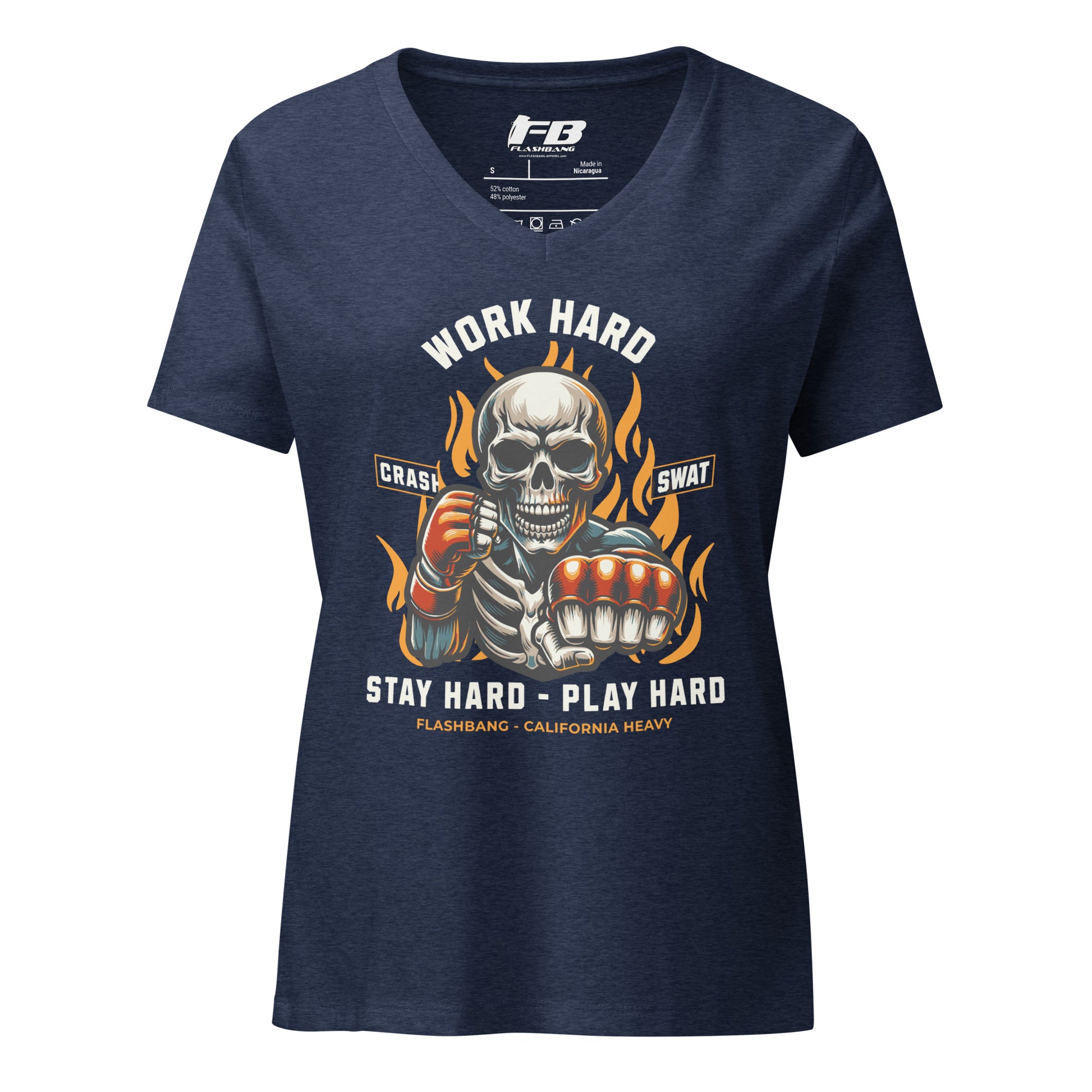 Navy blue t-shirt with a graphic design featuring a skeleton and text on a white background