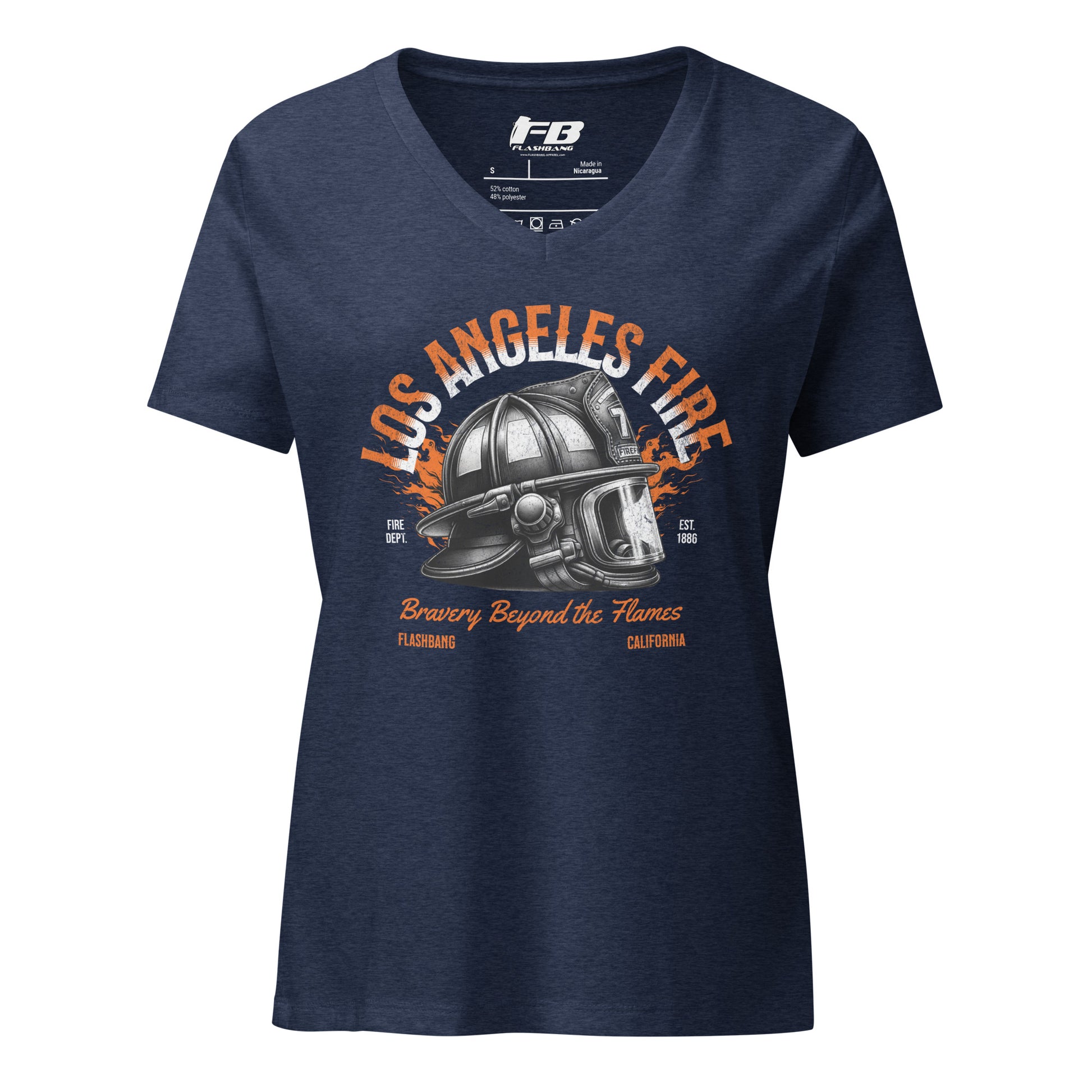 Navy blue t-shirt with 'Los Angeles Fire' graphic design on a white background
