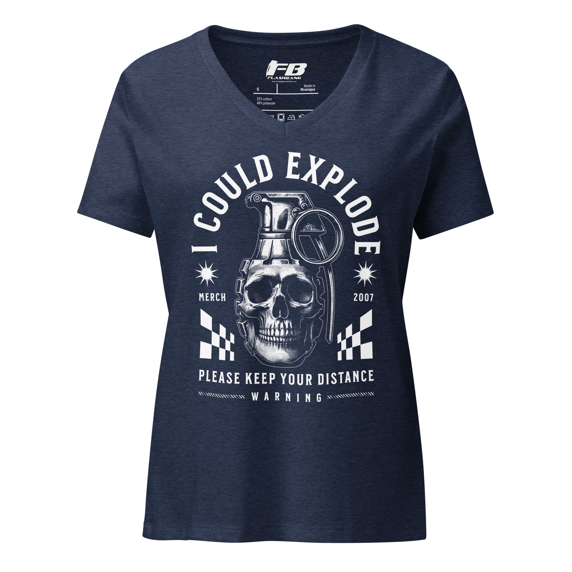 Navy blue t-shirt with graphic design and branding on a white background