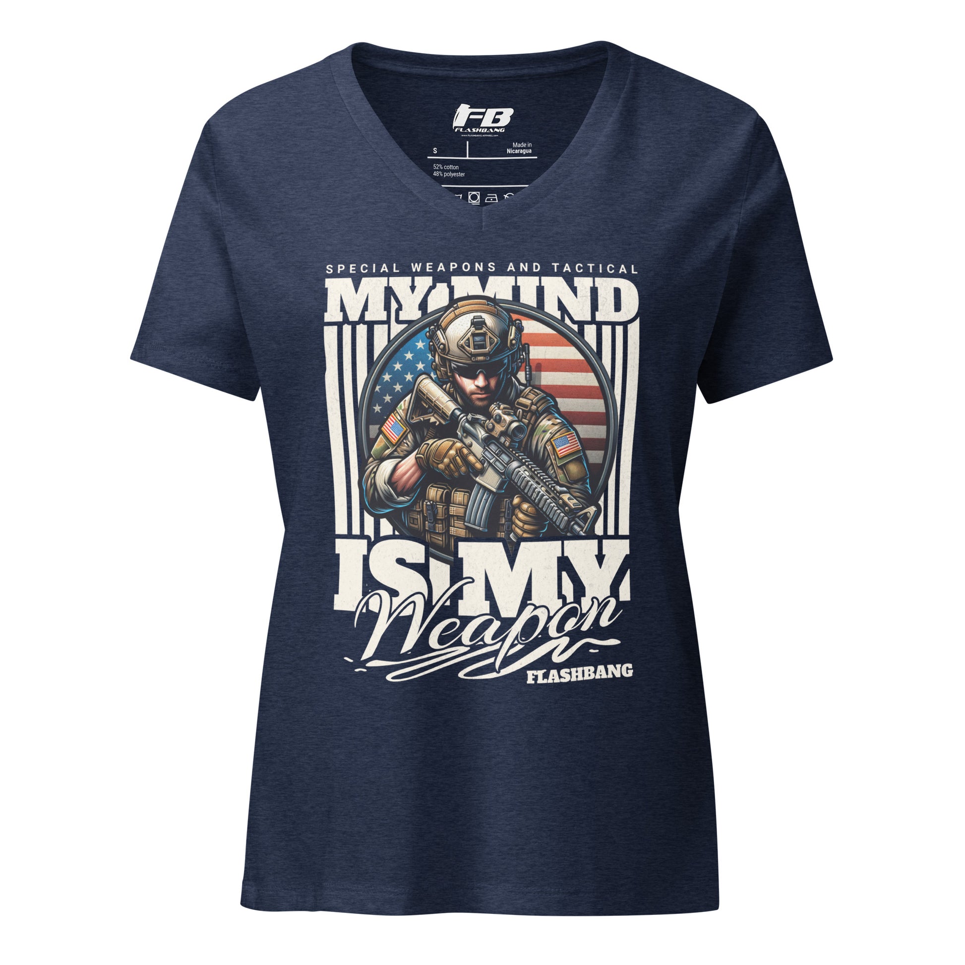 Navy blue t-shirt with graphic design and text on a white background