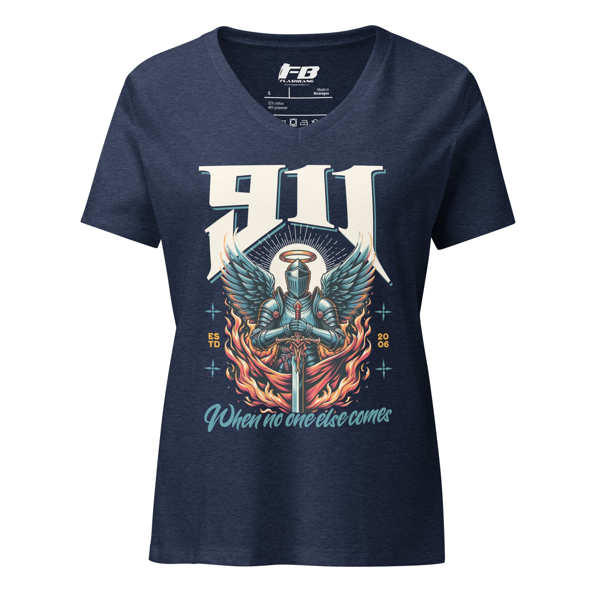 Navy blue t-shirt with a graphic design of a knight and text on a white background