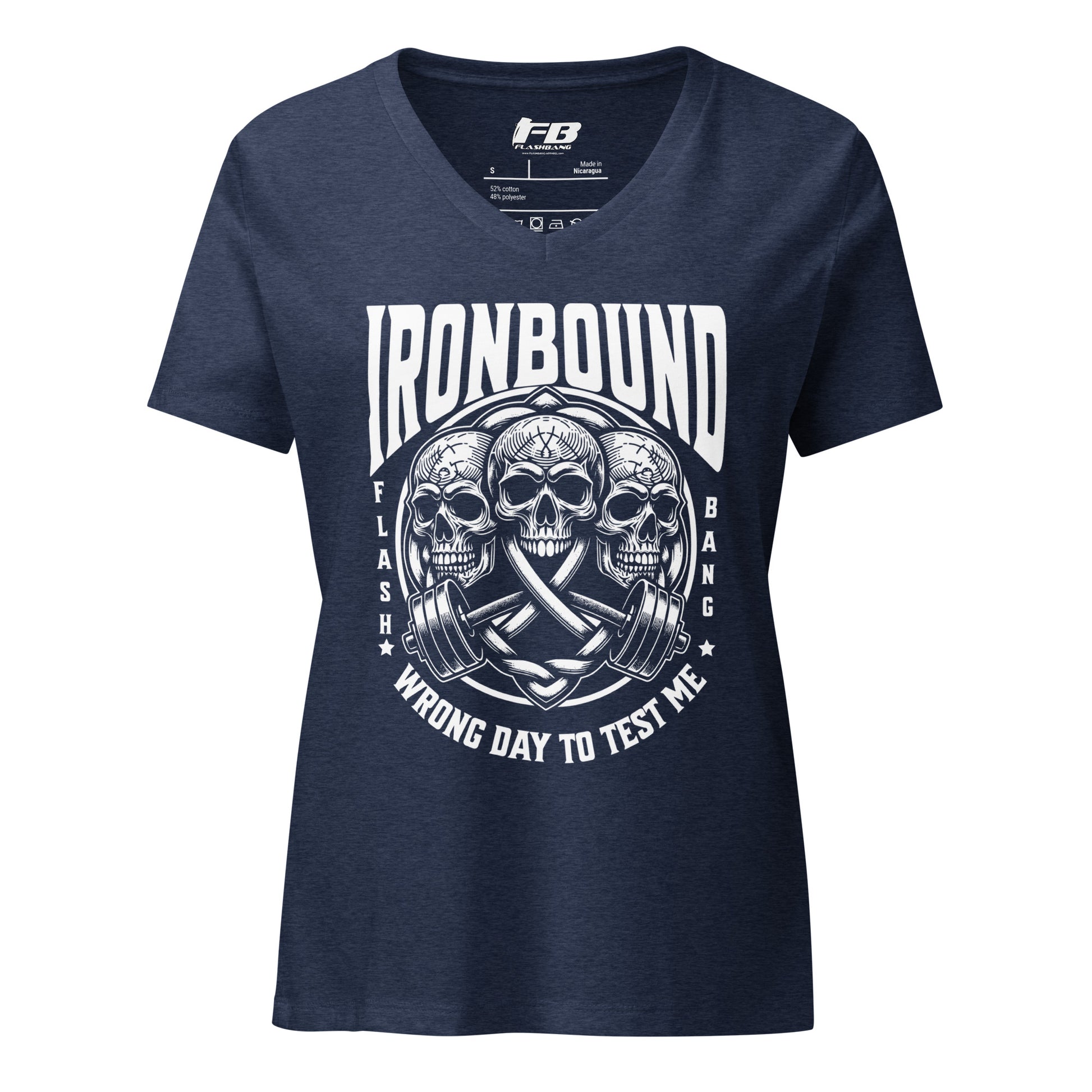 Navy blue t-shirt with skull and crossbones design on a white background