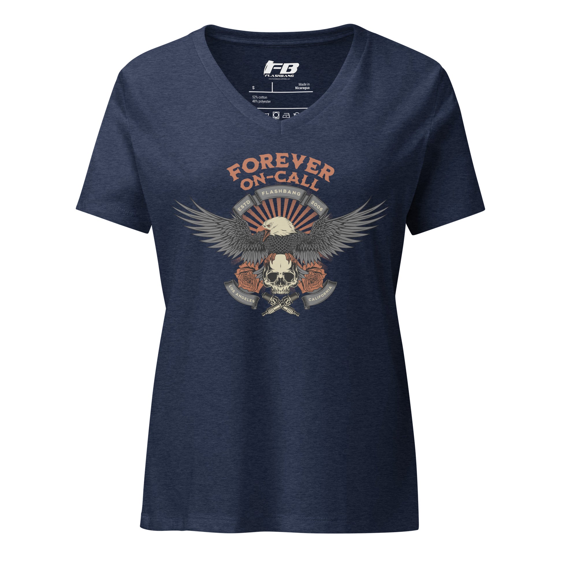 Navy blue t-shirt with eagle and skull graphic and 'Forever On Call' text on a white background