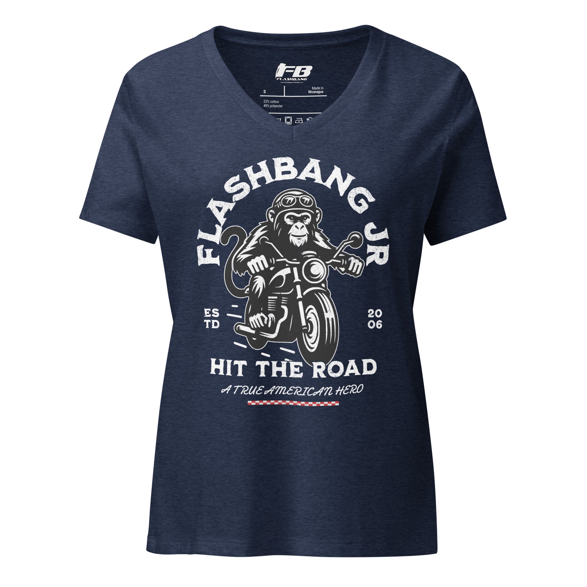 Navy blue t-shirt with a graphic design of a monkey on a motorcycle and text 'Flashbang Jr Hit the Road' on a white background.