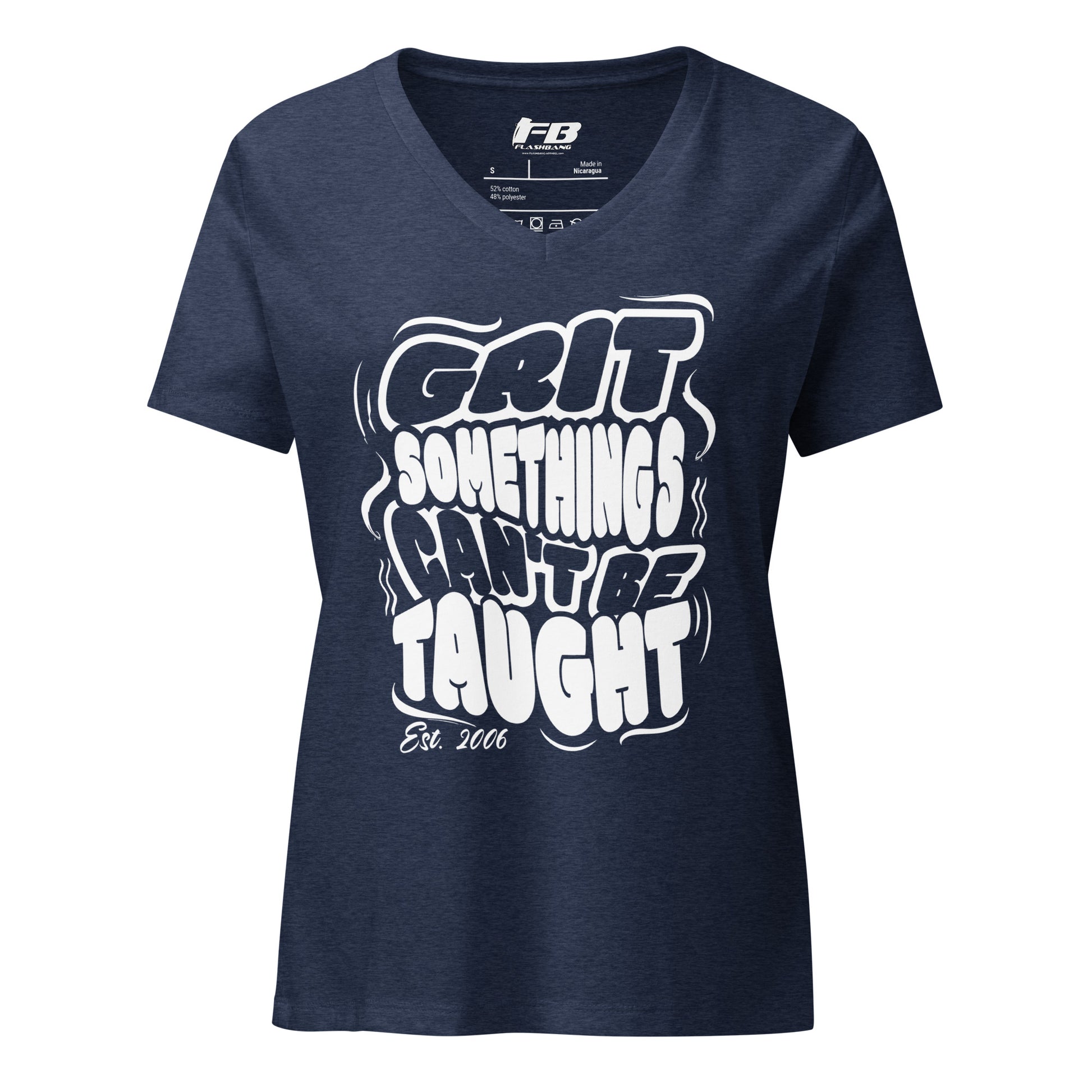 Navy blue t-shirt with white text on a white background
