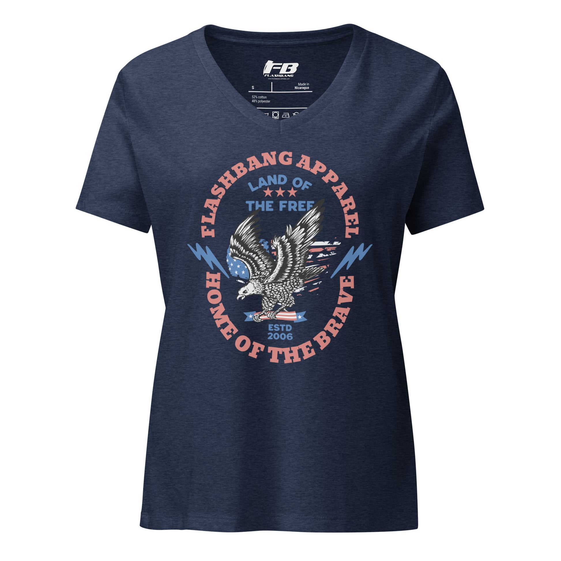 Navy blue t-shirt with graphic design and 'Flashbang Apparel' branding on a white background