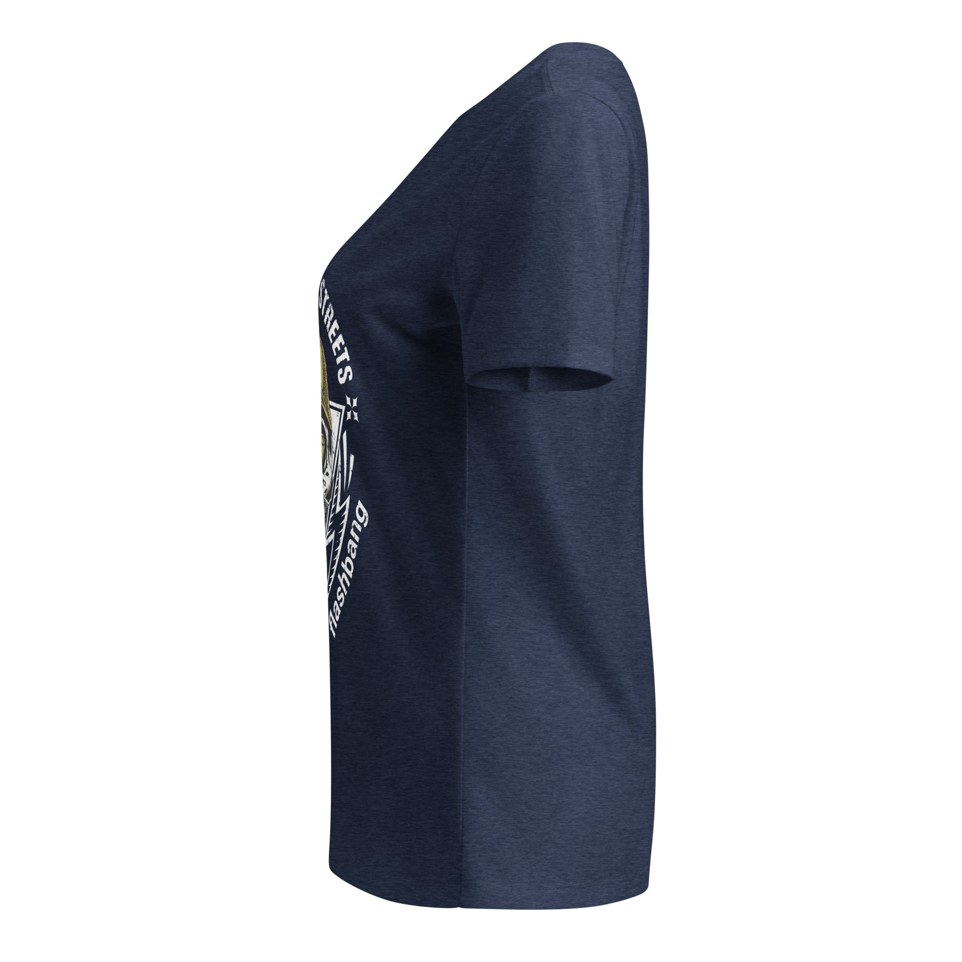 Navy blue t-shirt with a graphic design on the sleeve against a white background
