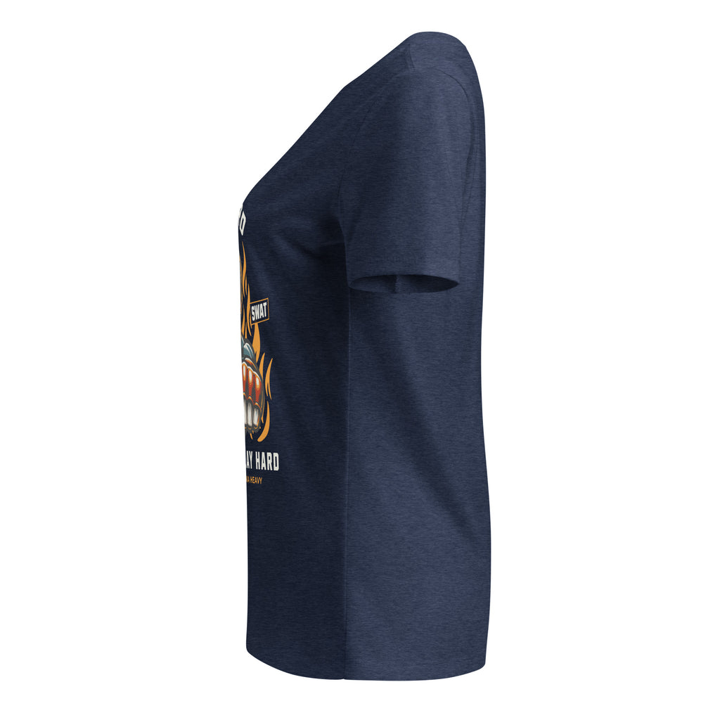 Navy blue t-shirt with a graphic design on the sleeve against a white background