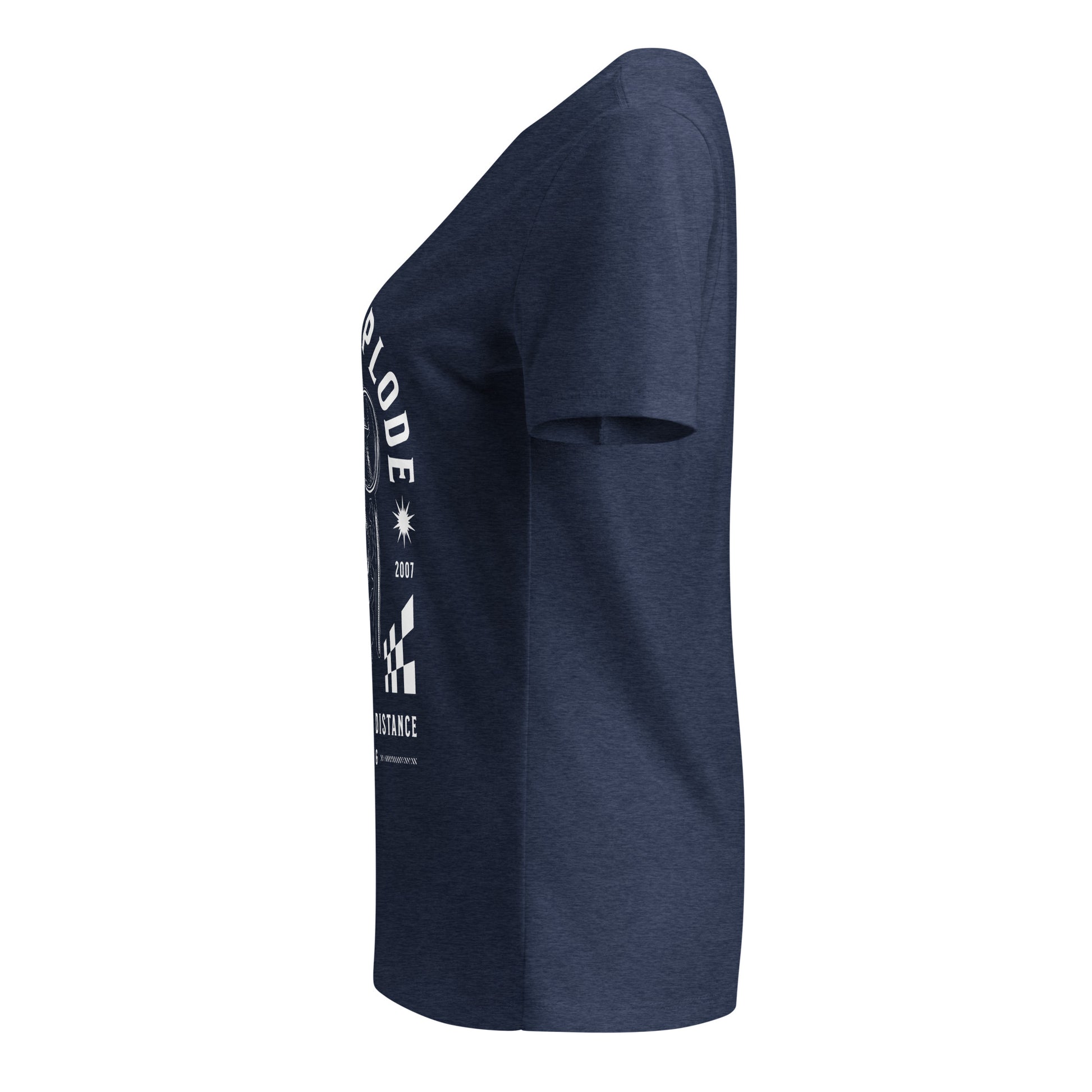 Navy blue t-shirt with white text and graphics on a white background