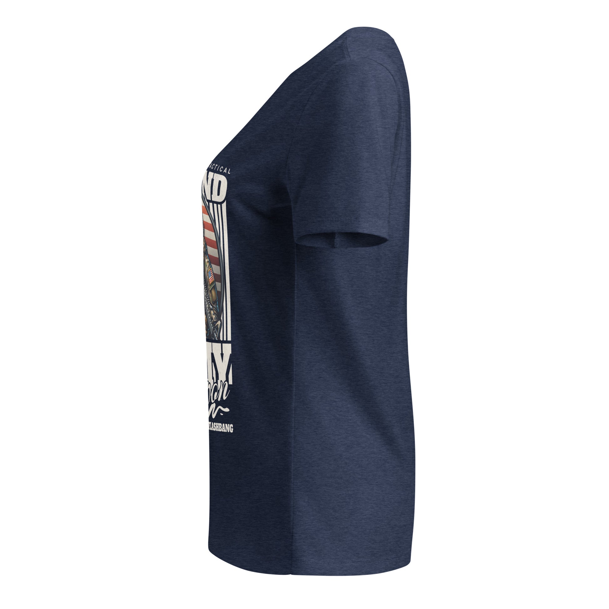Navy blue t-shirt with a graphic design on the sleeve against a white background