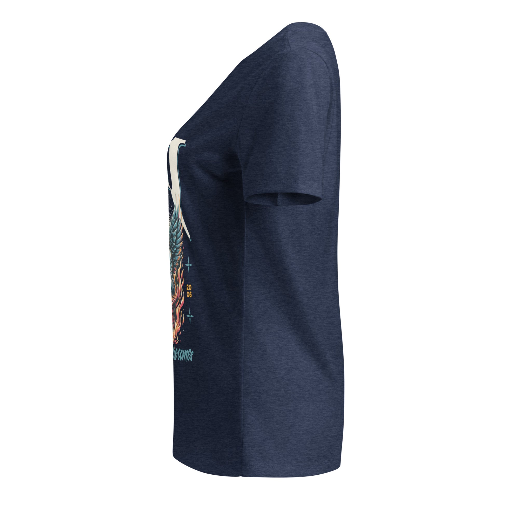 Navy blue t-shirt with a colorful graphic on the sleeve against a white background