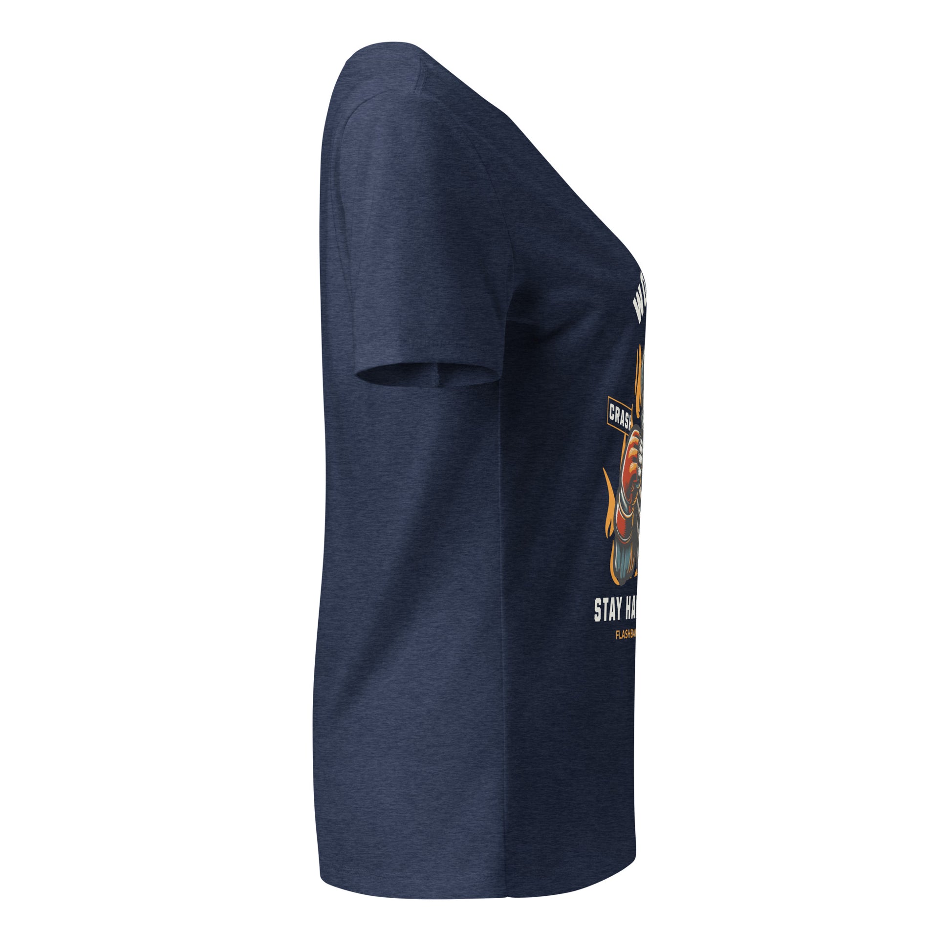 Navy blue t-shirt with a graphic design on the sleeve against a white background
