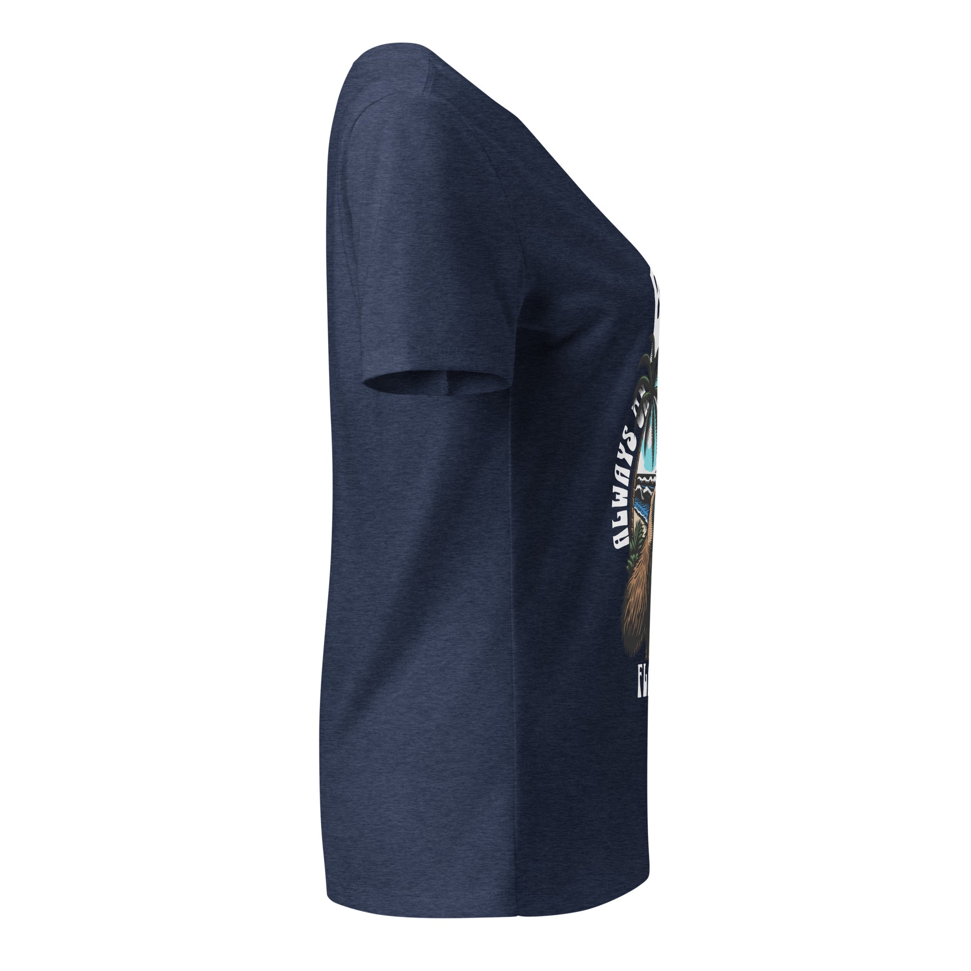 Navy blue t-shirt with a graphic design on the sleeve against a white background