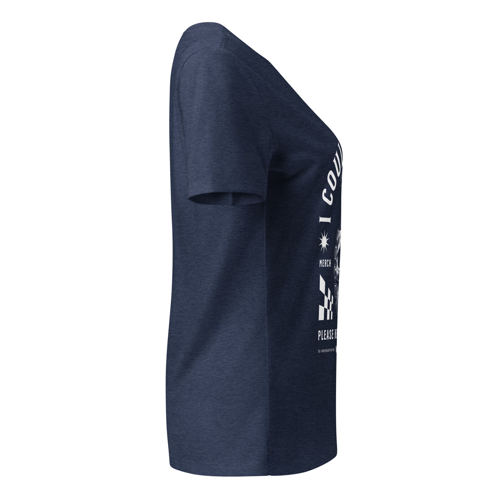 Navy blue t-shirt with white text and graphics on a white background