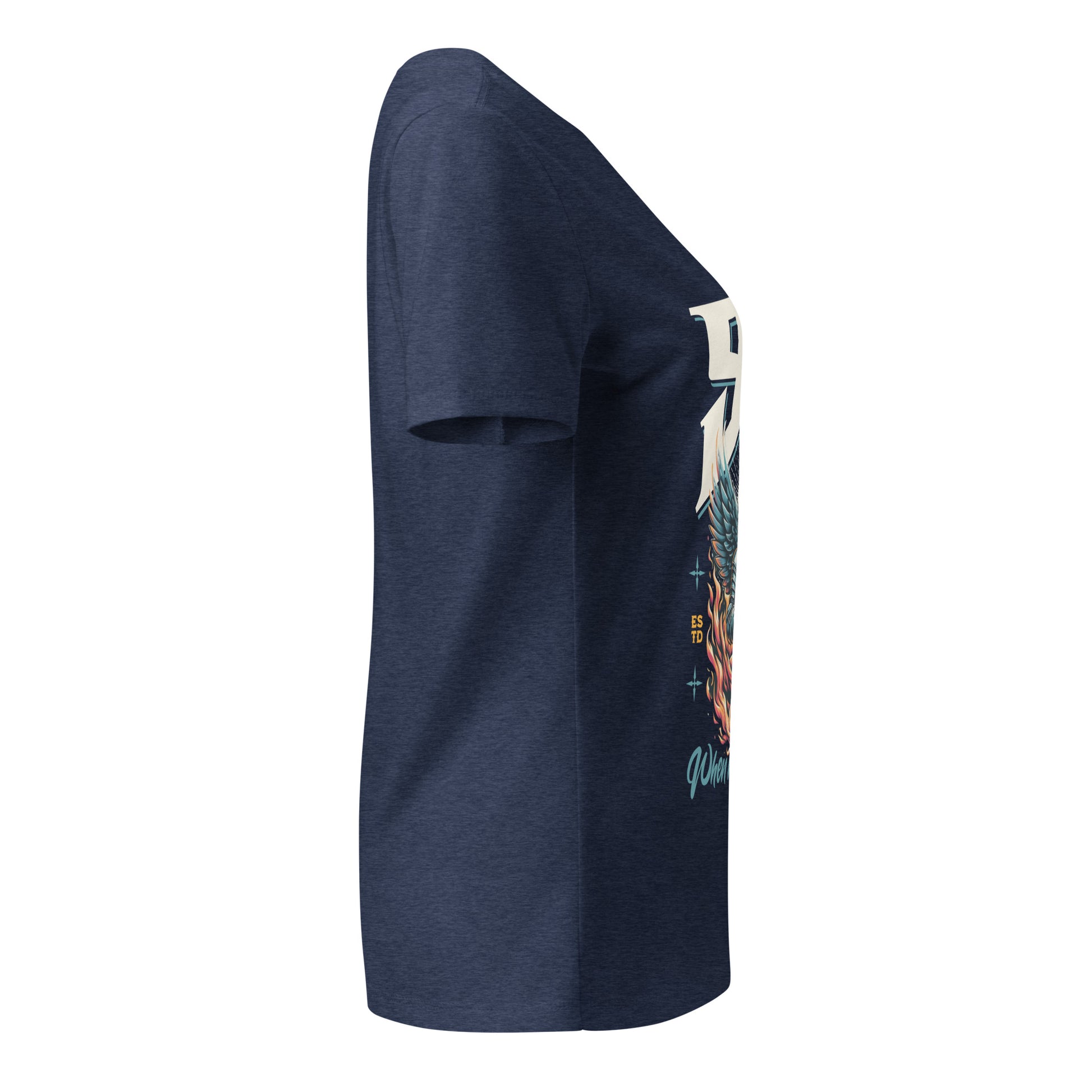 Navy blue t-shirt with a colorful graphic on a white background