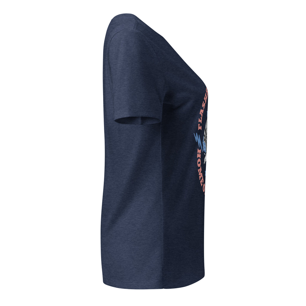 Navy blue t-shirt with a colorful graphic on the sleeve against a white background