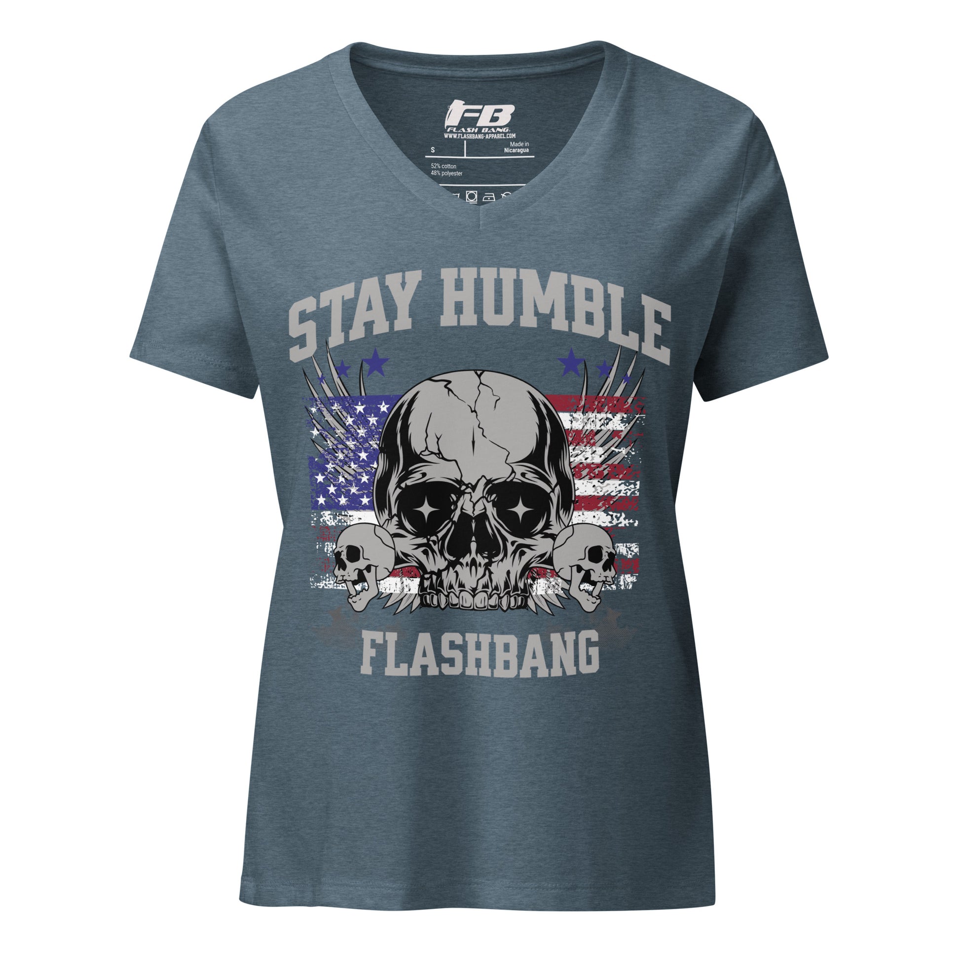 Blue t-shirt with skull design and 'Stay Humble' text on a white background