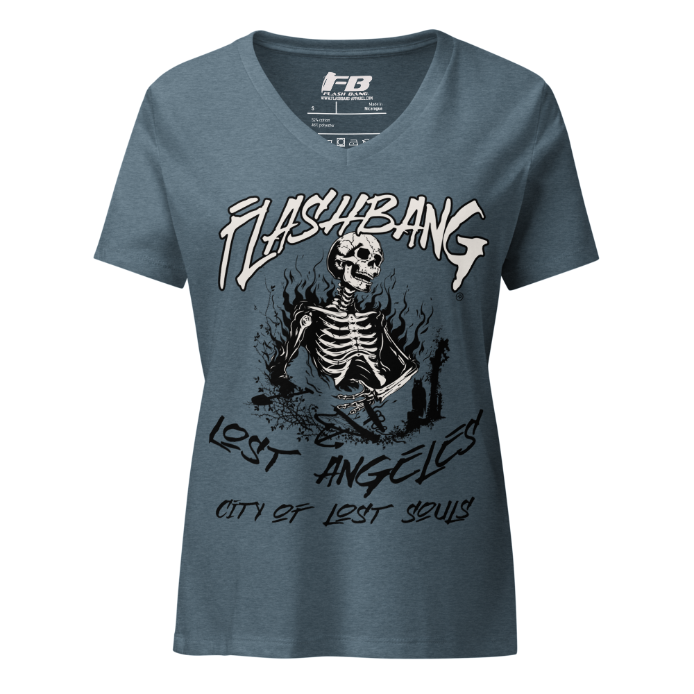 Blue t-shirt with skeleton graphic and text on a white background