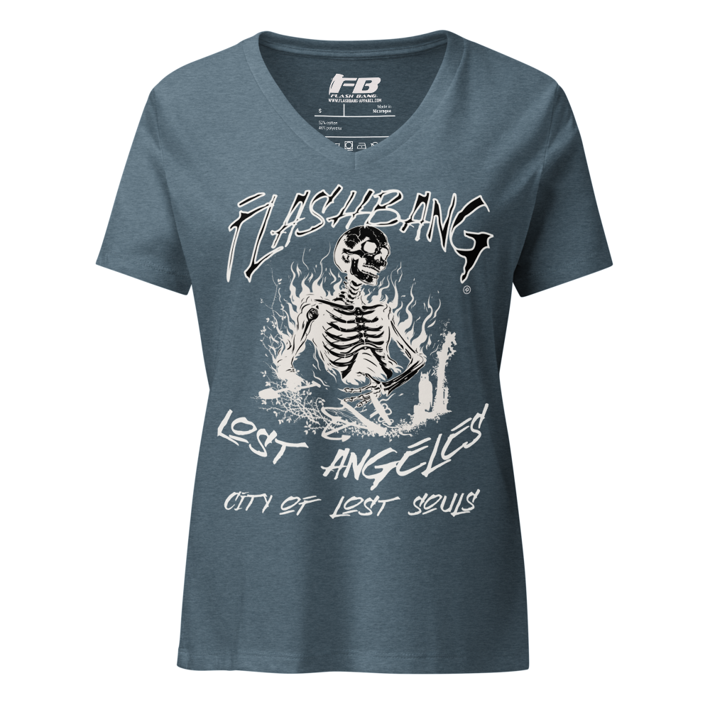 Blue t-shirt with skeleton graphic and text on a white background