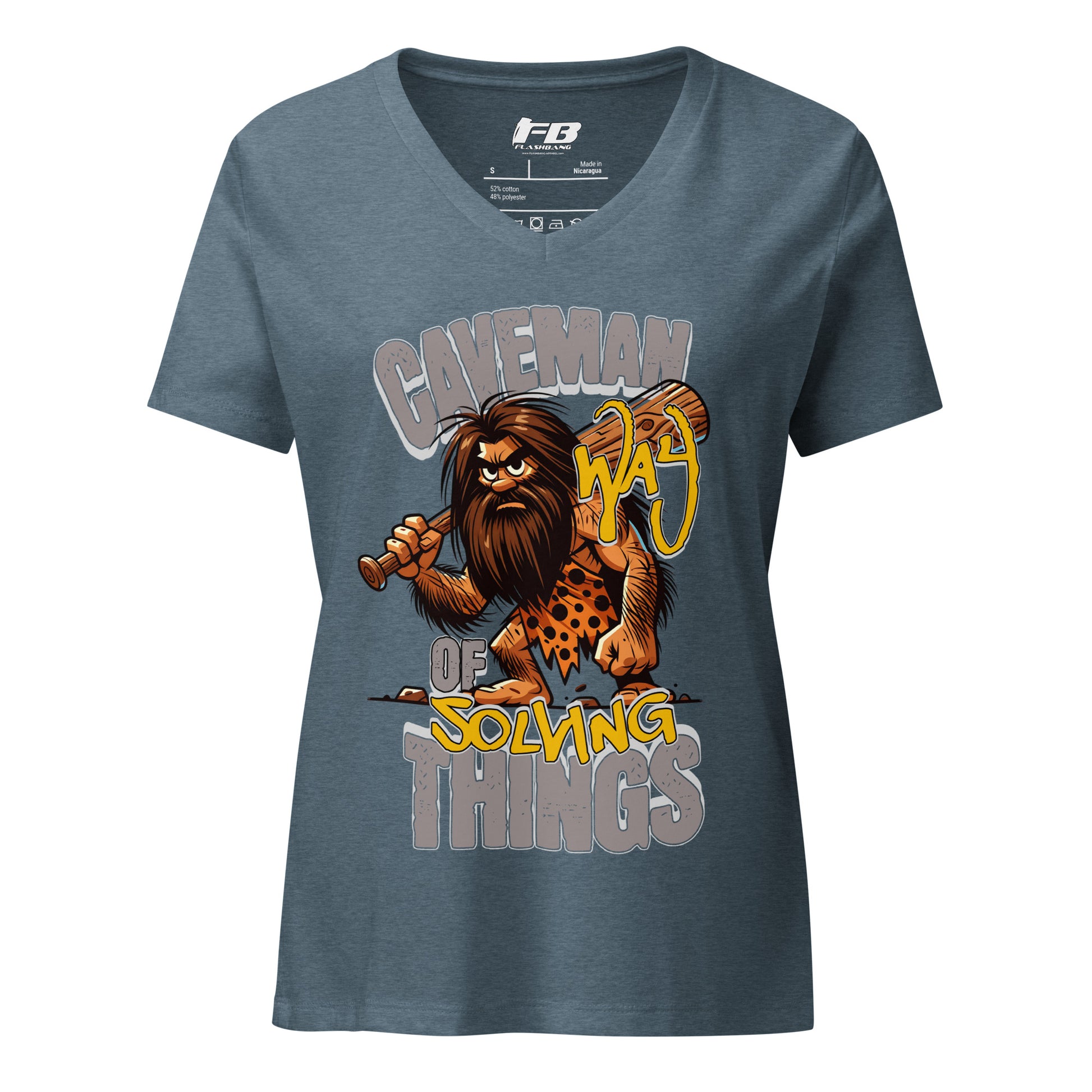 Blue t-shirt with a caveman graphic and text on a white background