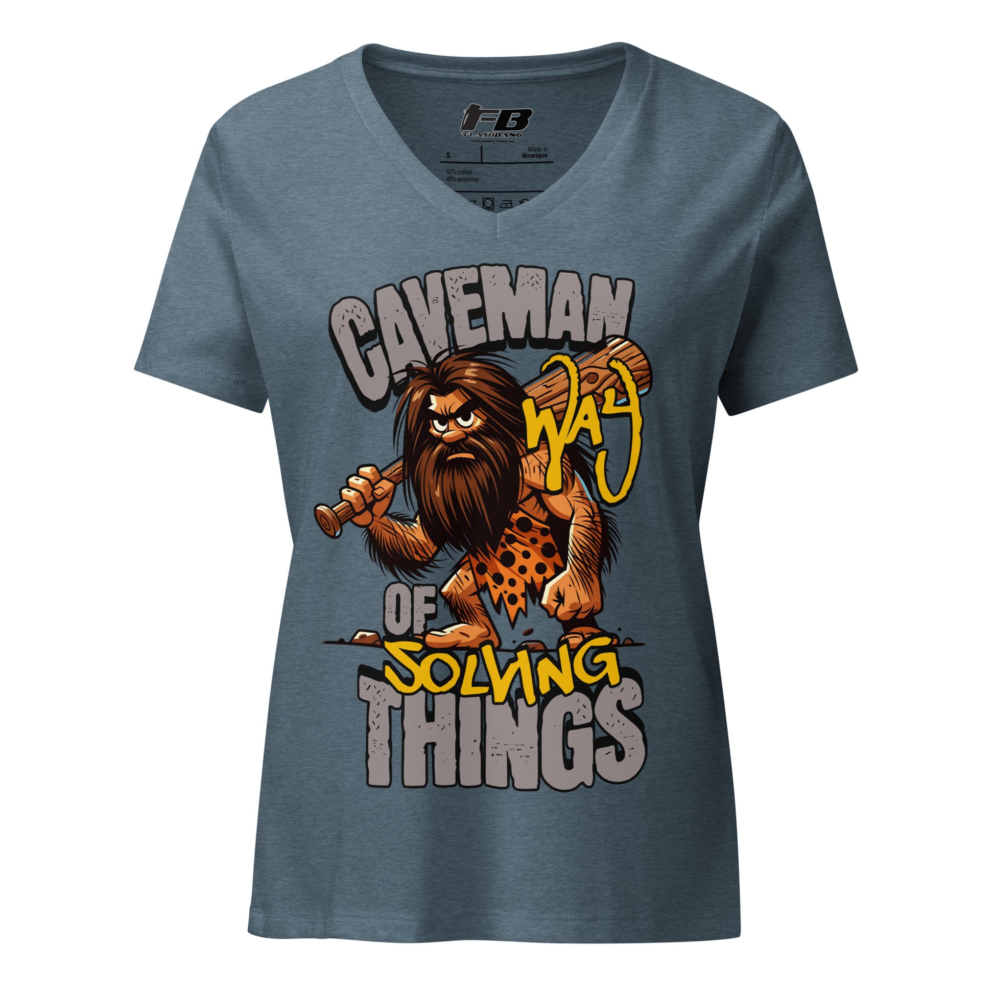 Blue t-shirt with a caveman graphic and text on a white background