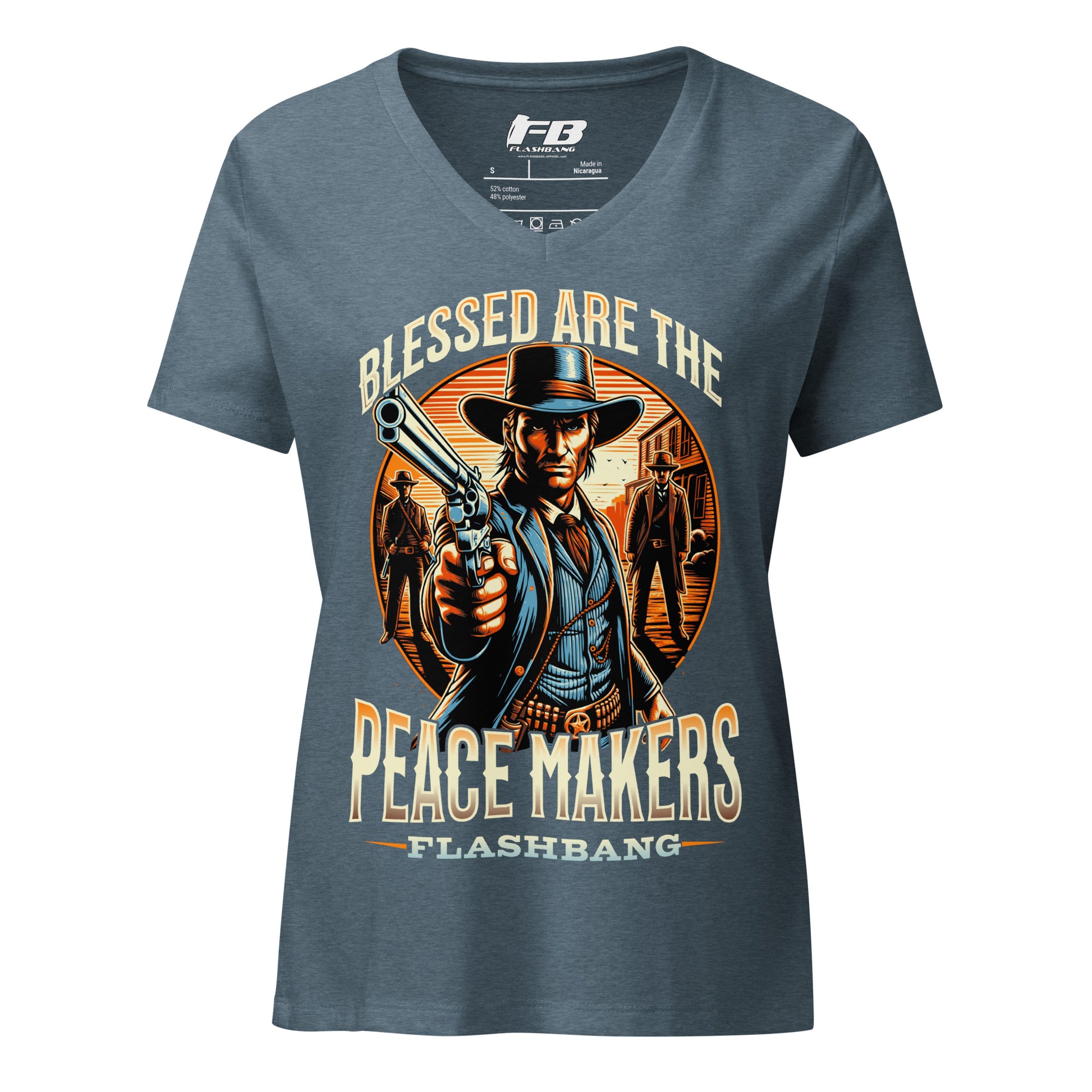 Gray t-shirt with a graphic of a cowboy holding a gun and text 'Blessed are the Peace Makers' on a white background.