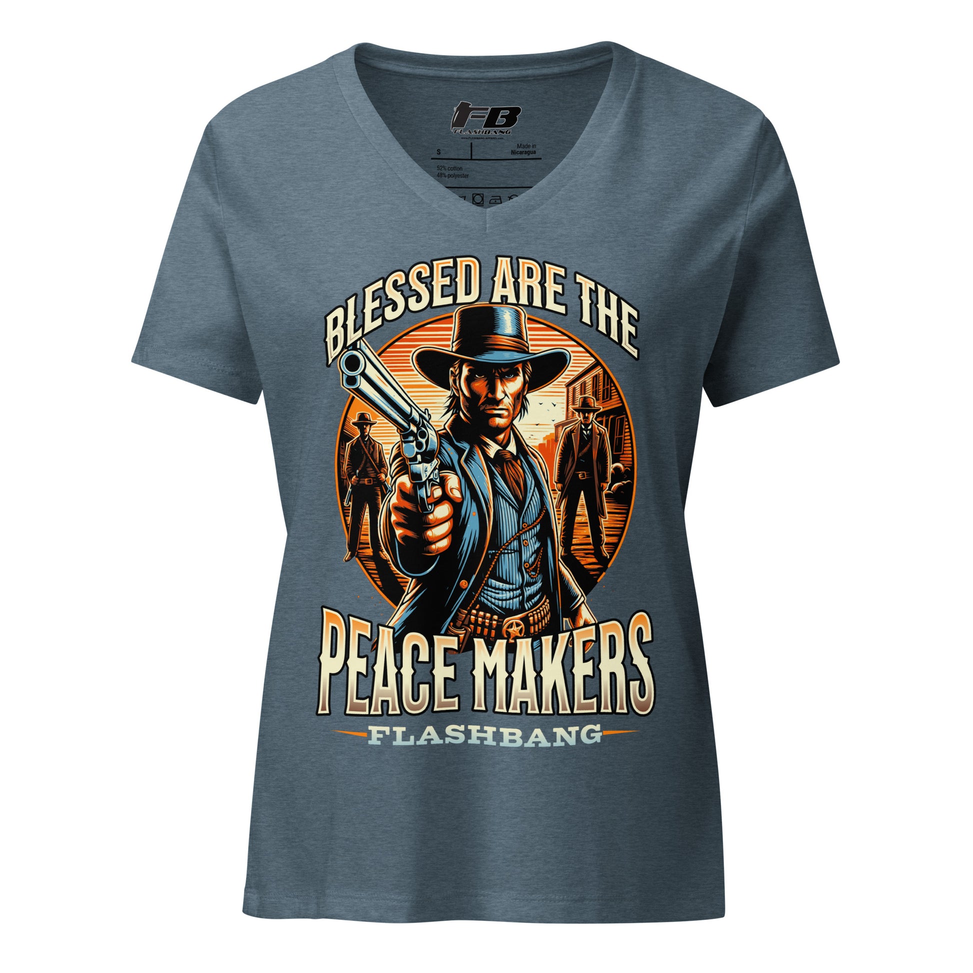Blue t-shirt with a graphic of a cowboy holding a gun and text 'Blessed are the Peace Makers' on a white background.