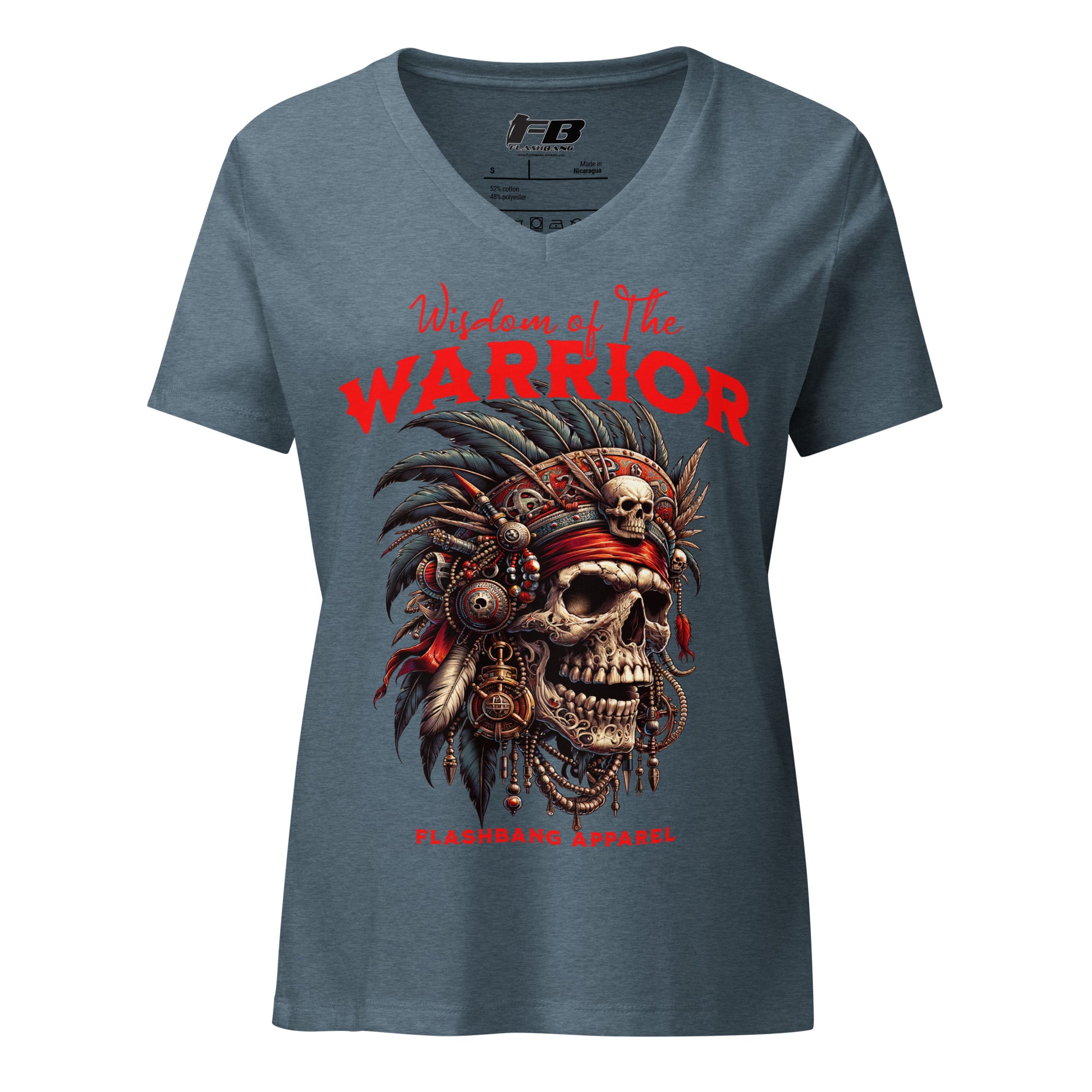 Blue t-shirt with warrior-themed design featuring a skull and feathers on a white background