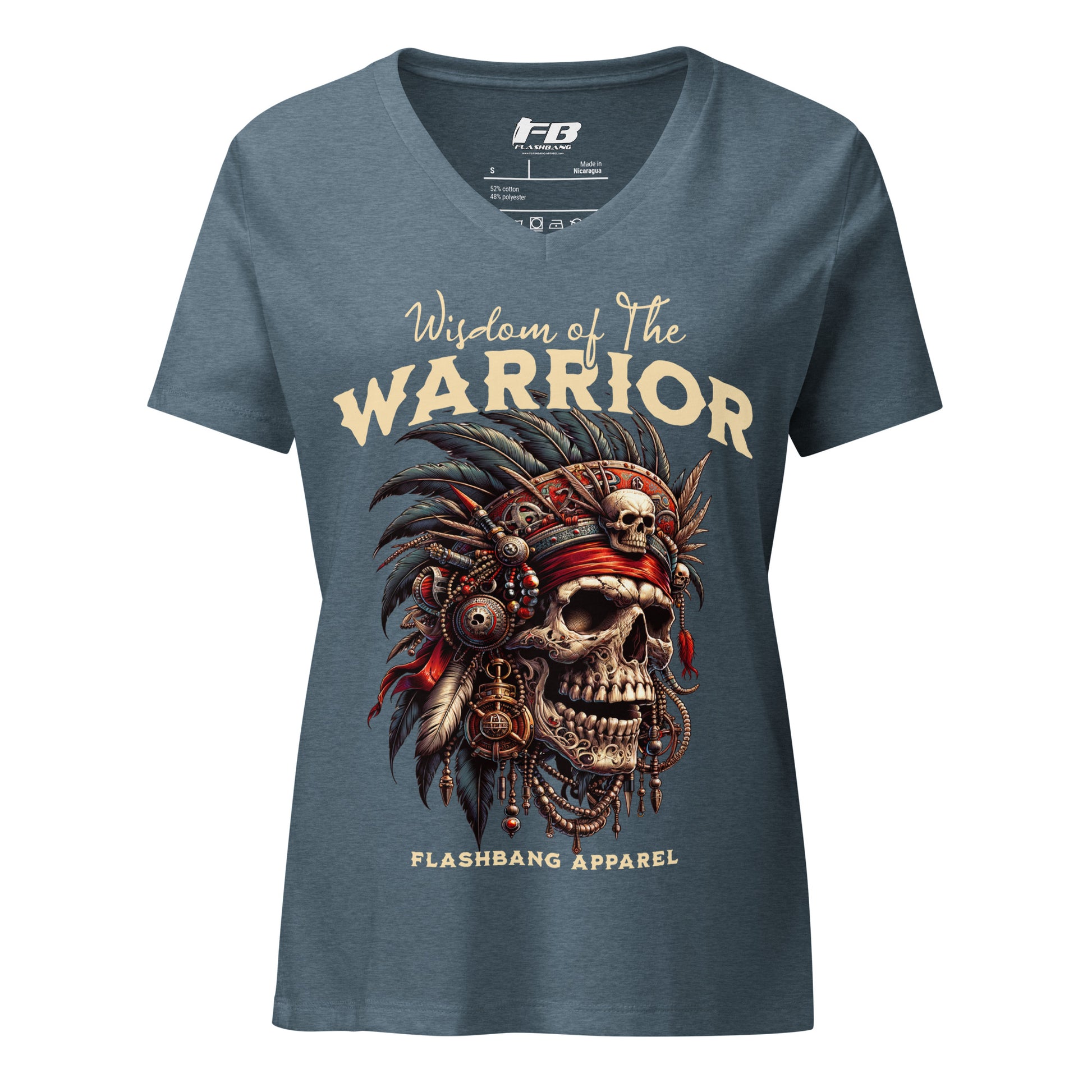 Blue t-shirt with warrior skull design and 'Flashbang Apparel' branding on a white background